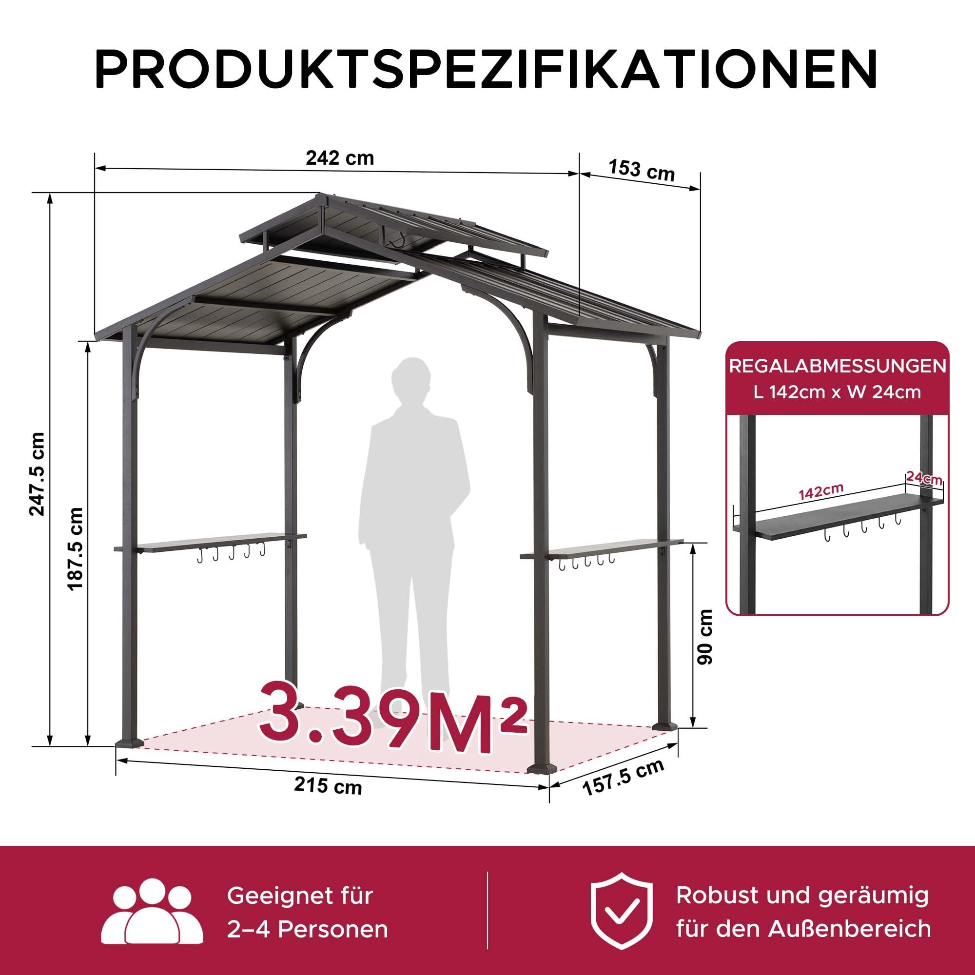 SUNJOY 2,4 × 1,5 m BBQ-Pavillon mit 2 Ablagen & 10 Haken, doppelluftdurchlässigem Dach, Stahlrahmen, wasserdichtem Hardtop-Grillunterstand, UV- & windbeständig, Outdoor-Kochen für Garten, Terrasse