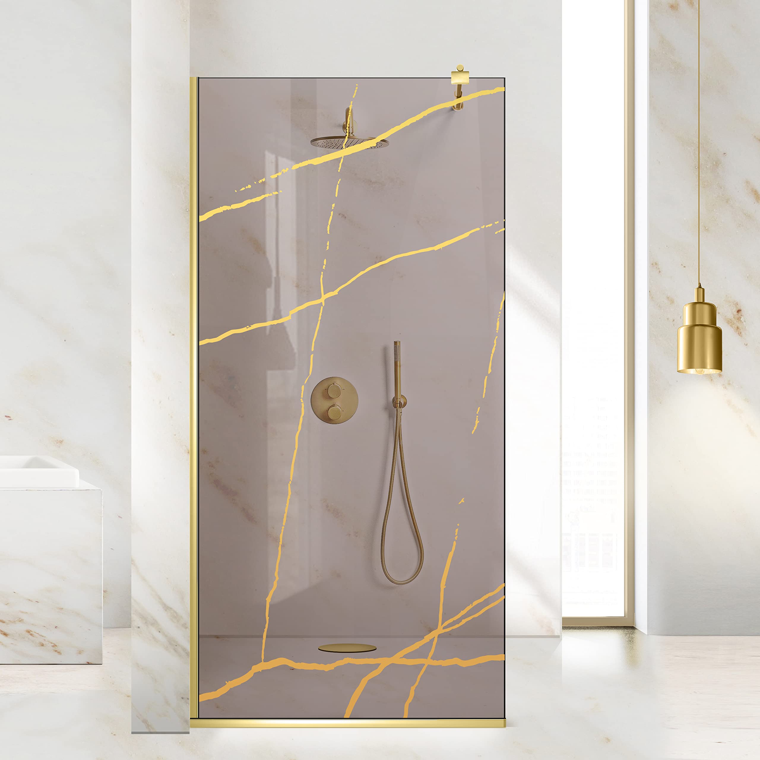 Aqua Roy Gold, modelo mármol dorado, tamaño 120 cm a partir de 70/80/90/100/110/120, mampara de ducha, cristal de bronce de 8 mm, con patrón de chorro de arena nano recubierto (120 x 195 cm)