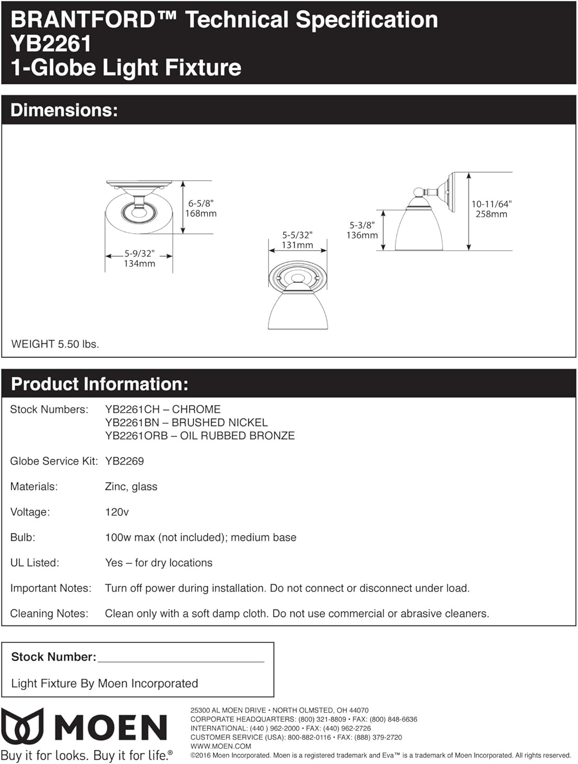 Moen YB2261ORB Brantford 1-Light Dual-Mount Bath Bathroom Vanity Fixture with Frosted Glass, Oil Rubbed Bronze