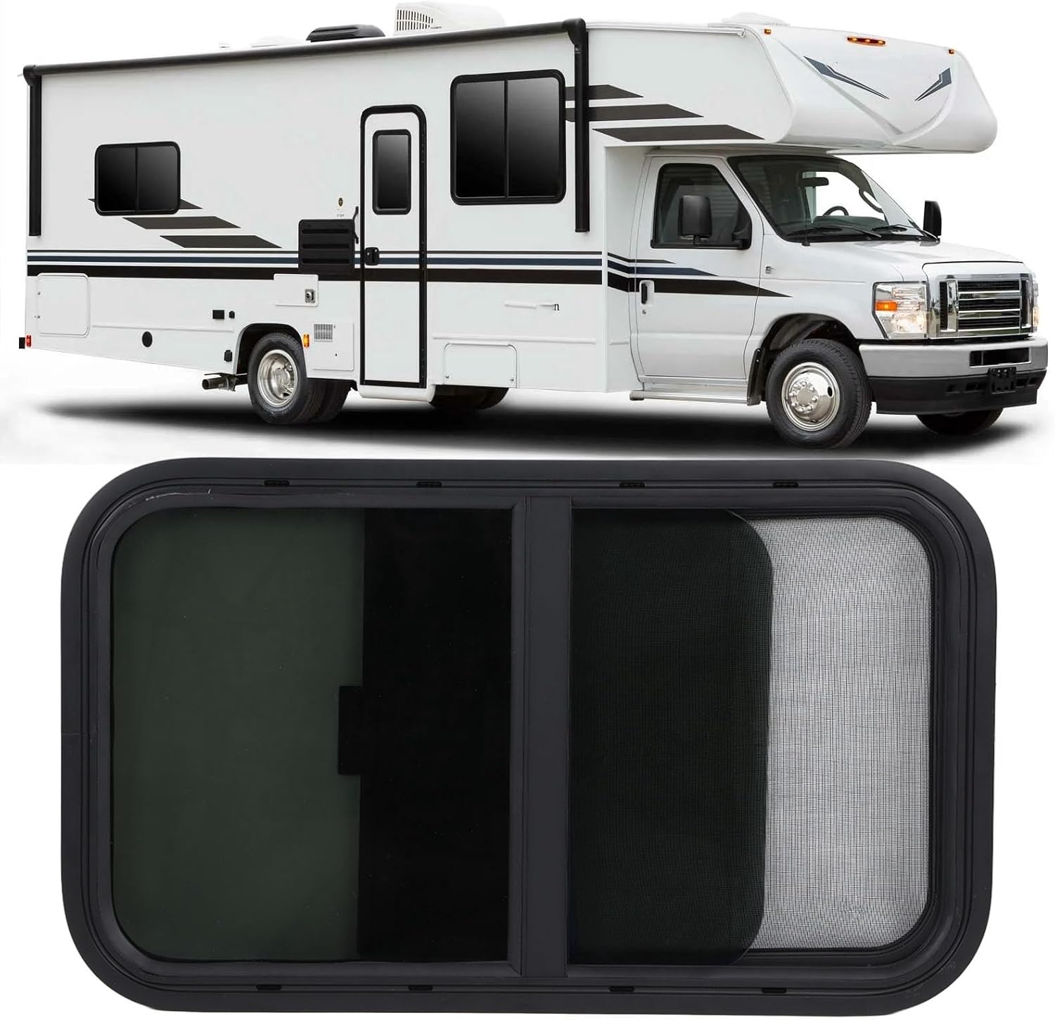 Estink RV Slide Window with Screen, Black Tempered Glass, Round Corners, Replacement Trailer Window for RV and Construction Vehicles