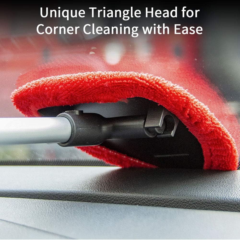 Teancll Windshield Cleaning Tool Unbreakable - Car Window Cleaner with Extendable Handle, Auto Car Glass Cleaner with 2 Washable Reusable Microfiber Pads