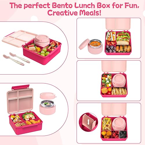 Miniatura 4 de Lonchera Bento para niños con termo de sopa de 8 onzas, recipientes de comida a prueba de fugas para niños con 4 compartimentos, tarro de comida