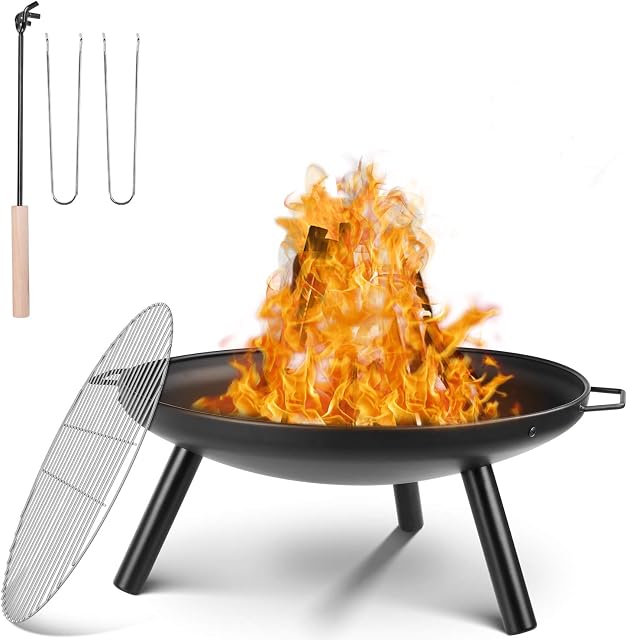 Fire Bowl Diameter 59 cm, Fire Pit with Grill Grate and Handles, Multifunctional Fire Bowl for Heating/BBQ, Garden Fire Basket & Grill, for Camping Picnic Garden, 68 x 59 x 28.5 cm, Portable