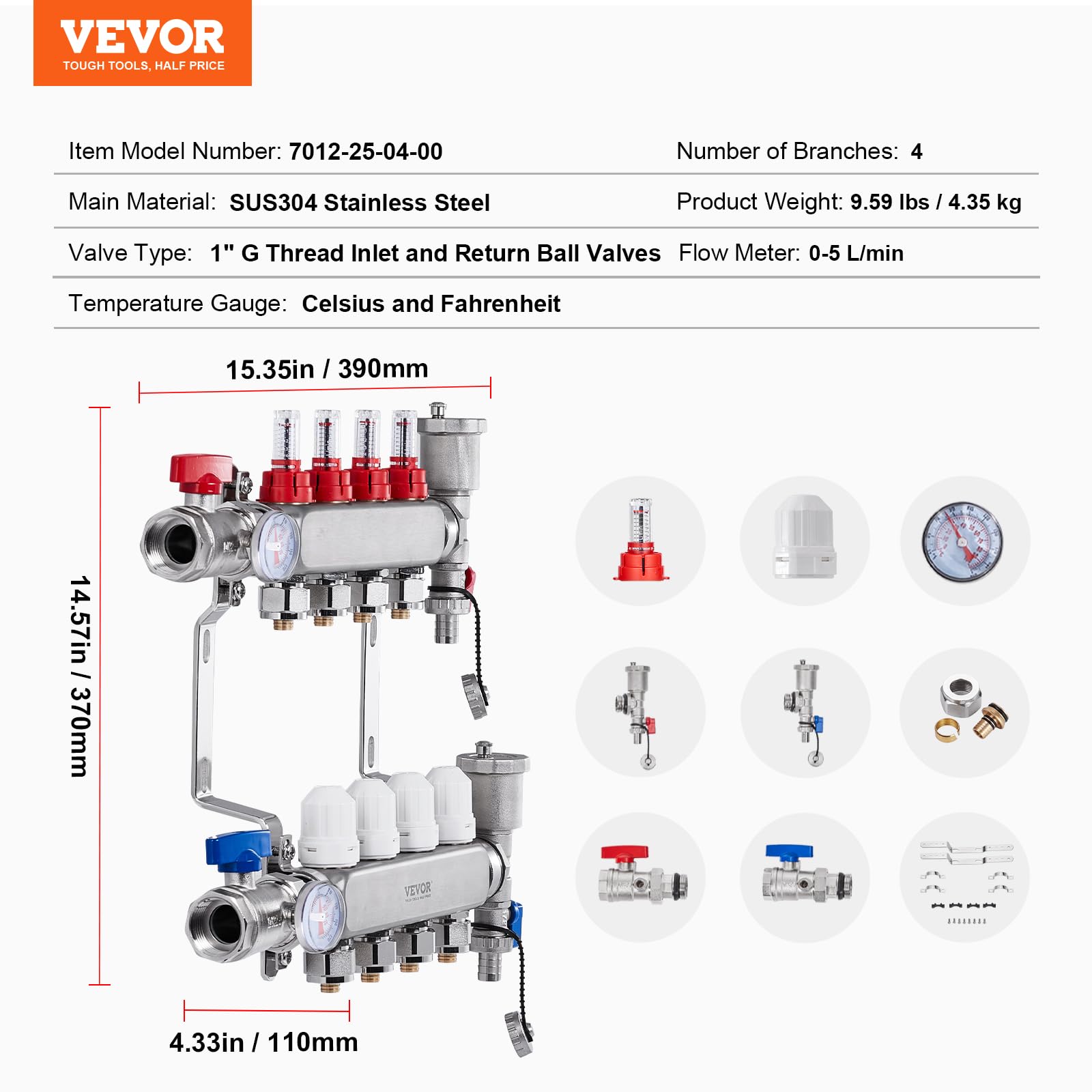 VEVOR 4-Heizkreise, Heizkreisverteiler Edelstahl, Kugelhähne mit G-Gewinde für Zu- und Rücklauf, 5 L/min Durchfluss, für Fußbodenheizung, Verteiler mit 1/2-Zoll-Adaptern und Durchflussmesser