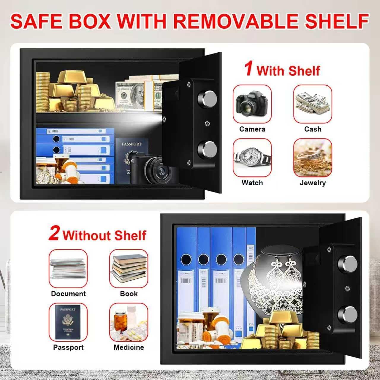 Cassaforte per la casa da 1,6 cubi, impermeabile con allarme antifurto, ripiano rimovibile, indicatore a LED con tastiera, cassaforte digitale antincendio per armi da fuoco, munizioni, contanti,