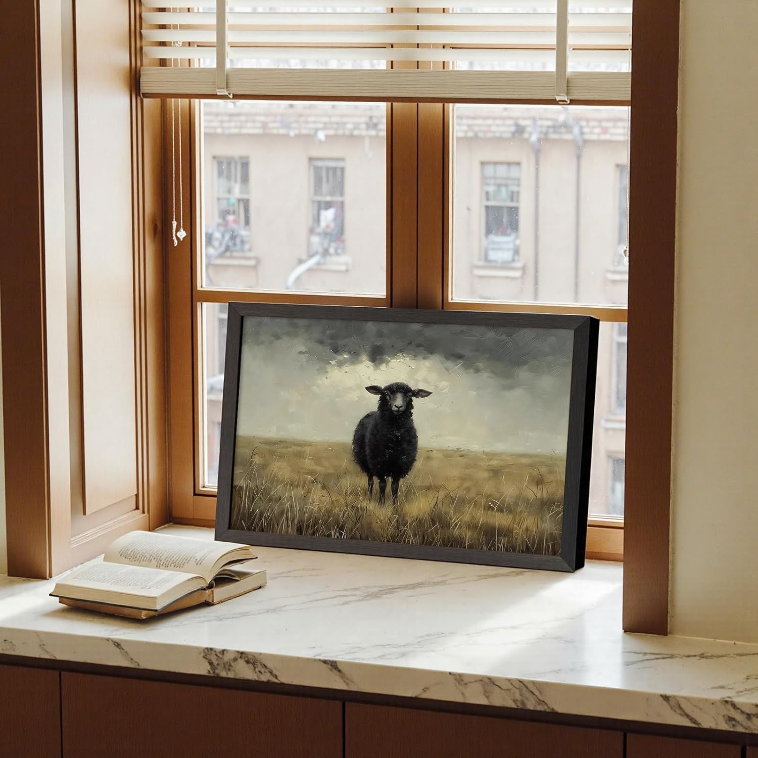 Black Sheep In Field Wall Art, 12X16 Inch Black Framed Farm Animal Scene Poster, Country Landscape Canvas Print, Rustic Wall Decor For Living Room Bedroom Office Ready To Hang