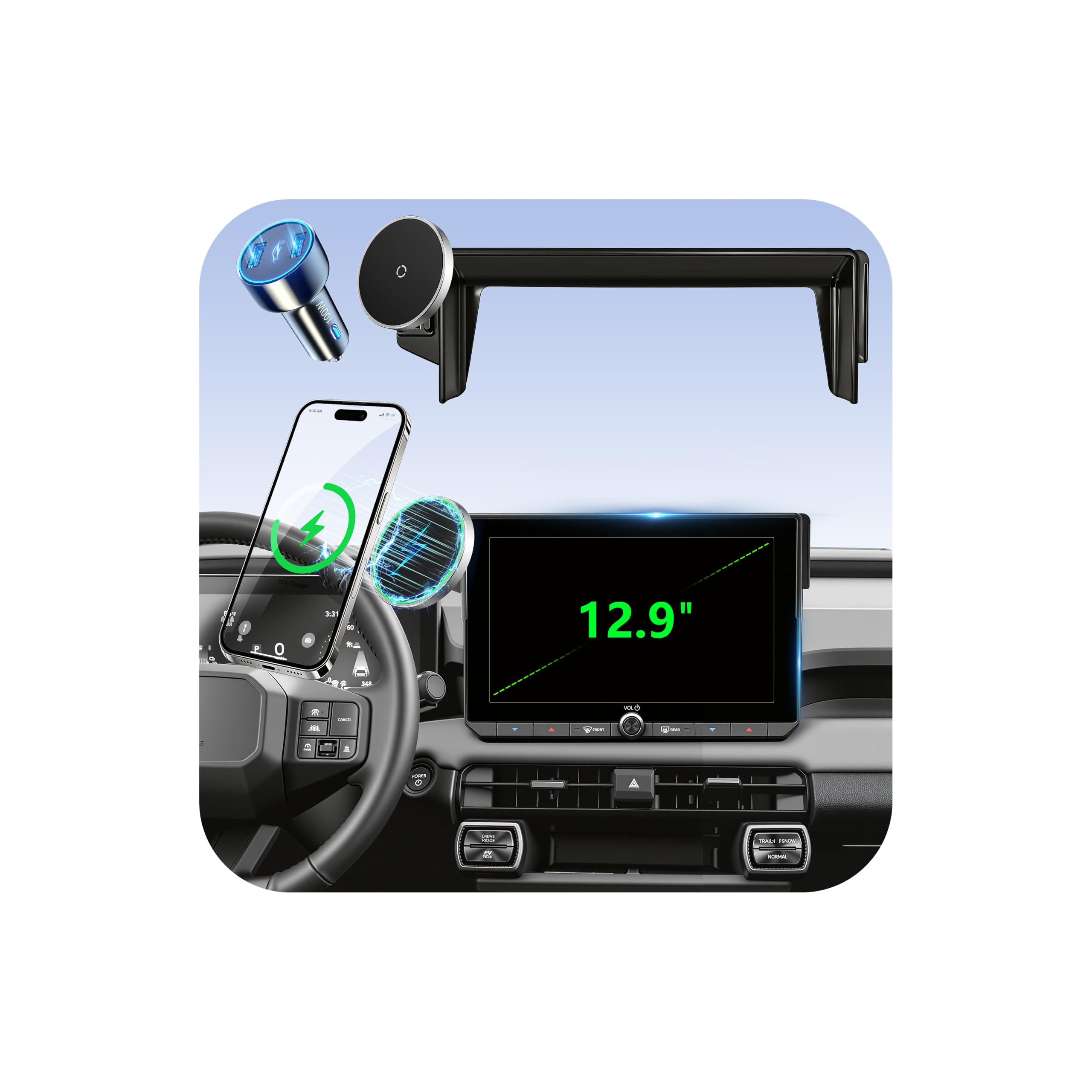 Phone Holder for 2026 Toyota RAV4 (ONLY Fits 12.9" Screen), MagSafe Car Mount Charger, Magnetic Phone Holder, 15W Wireless Charging, Car Adapter Included, 360° &amp; Hands Free, RAV-4 Interior Accessories