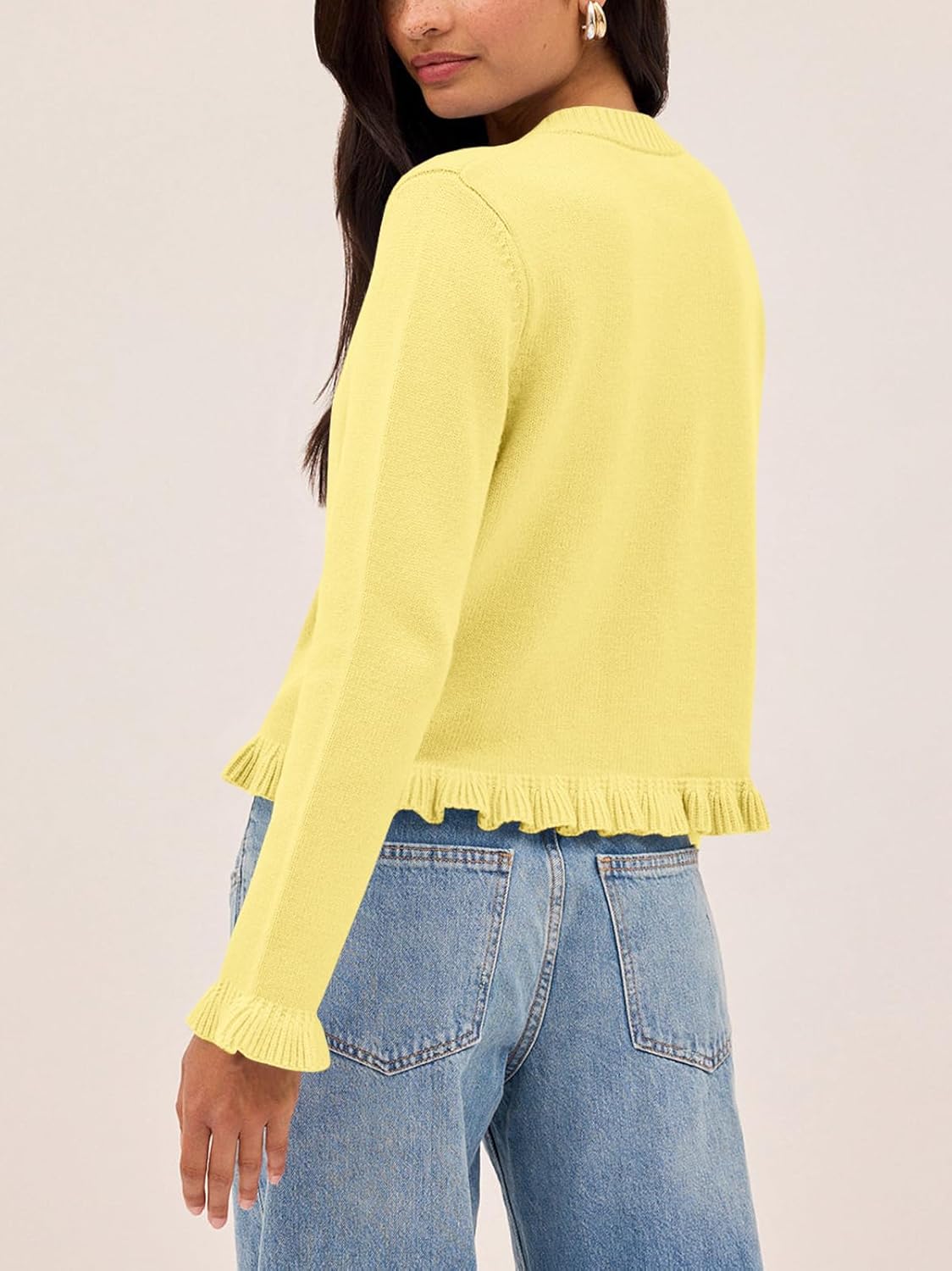 Balimtoy Womens Cropped Ruffle Cardigan Lightweight Crewneck Long Sleeve Button Down Cotton Fall Sweaters Cute Knit Top - Image 4