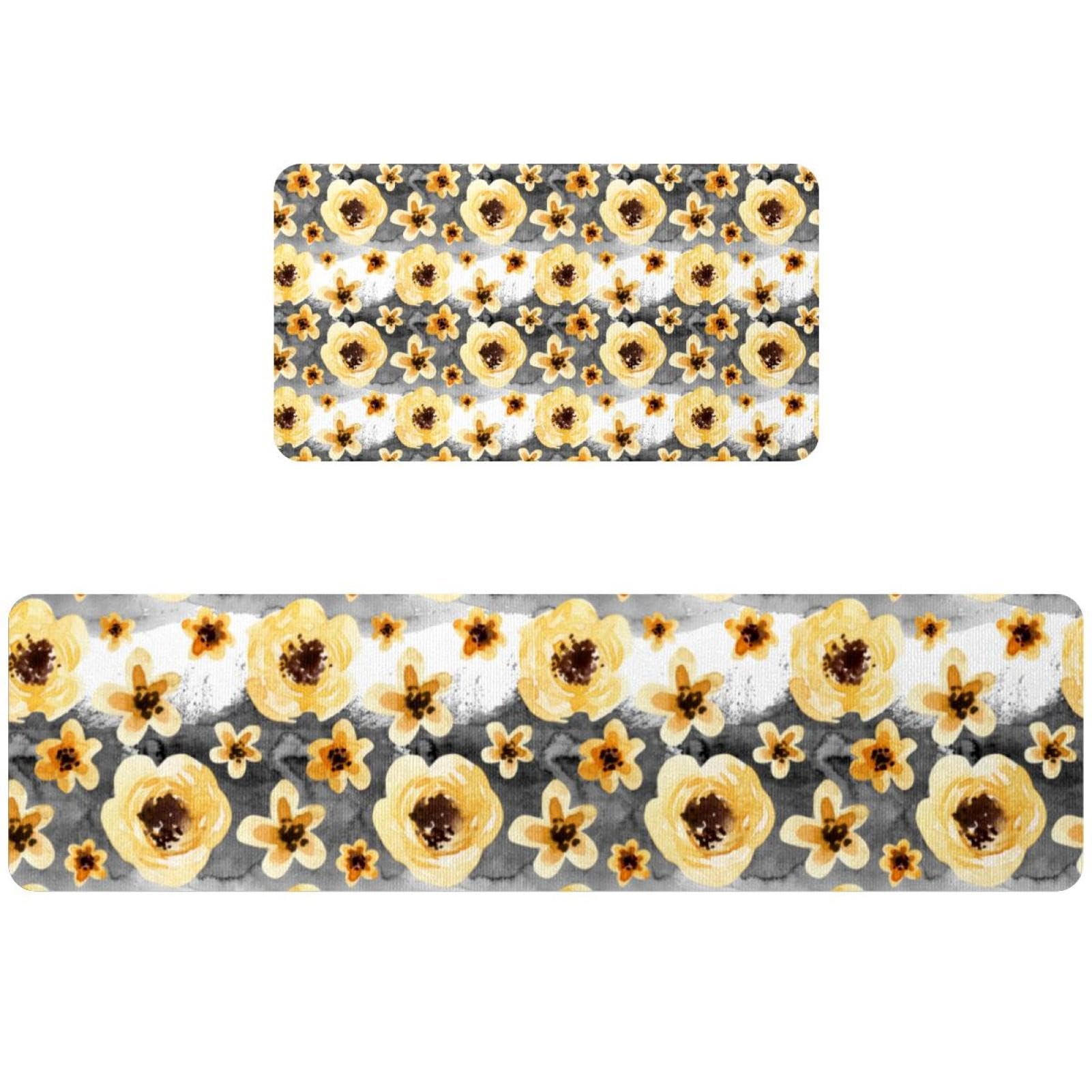 Tapis de cuisine pour couloir et buanderie motif floral jaune