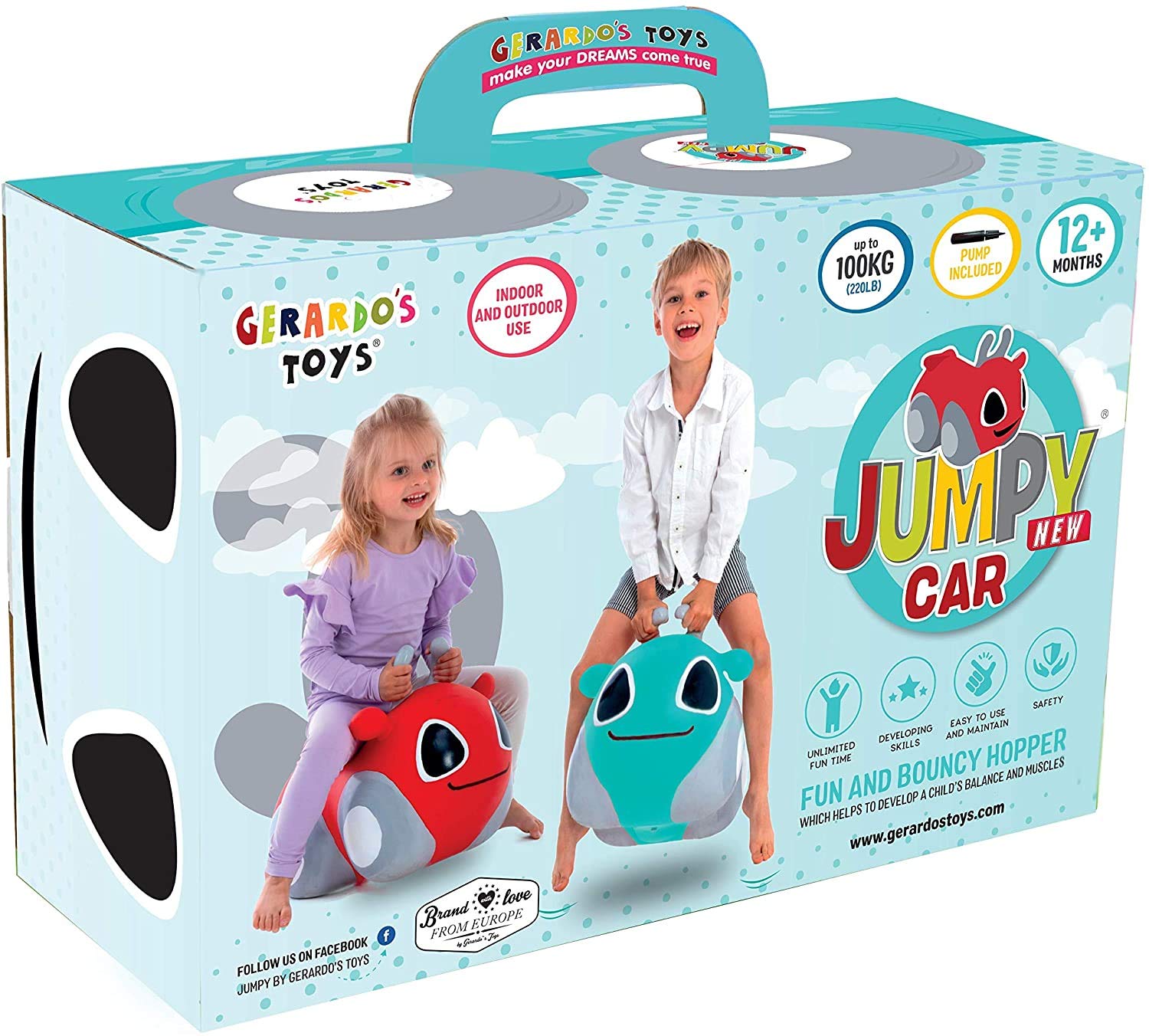 GERARDO'S Toys GT69375, My First Jumpy Car Space Hopper para niños a partir de 1 año, Bouncy Hopper Ride on, coche rojo con bomba incluida