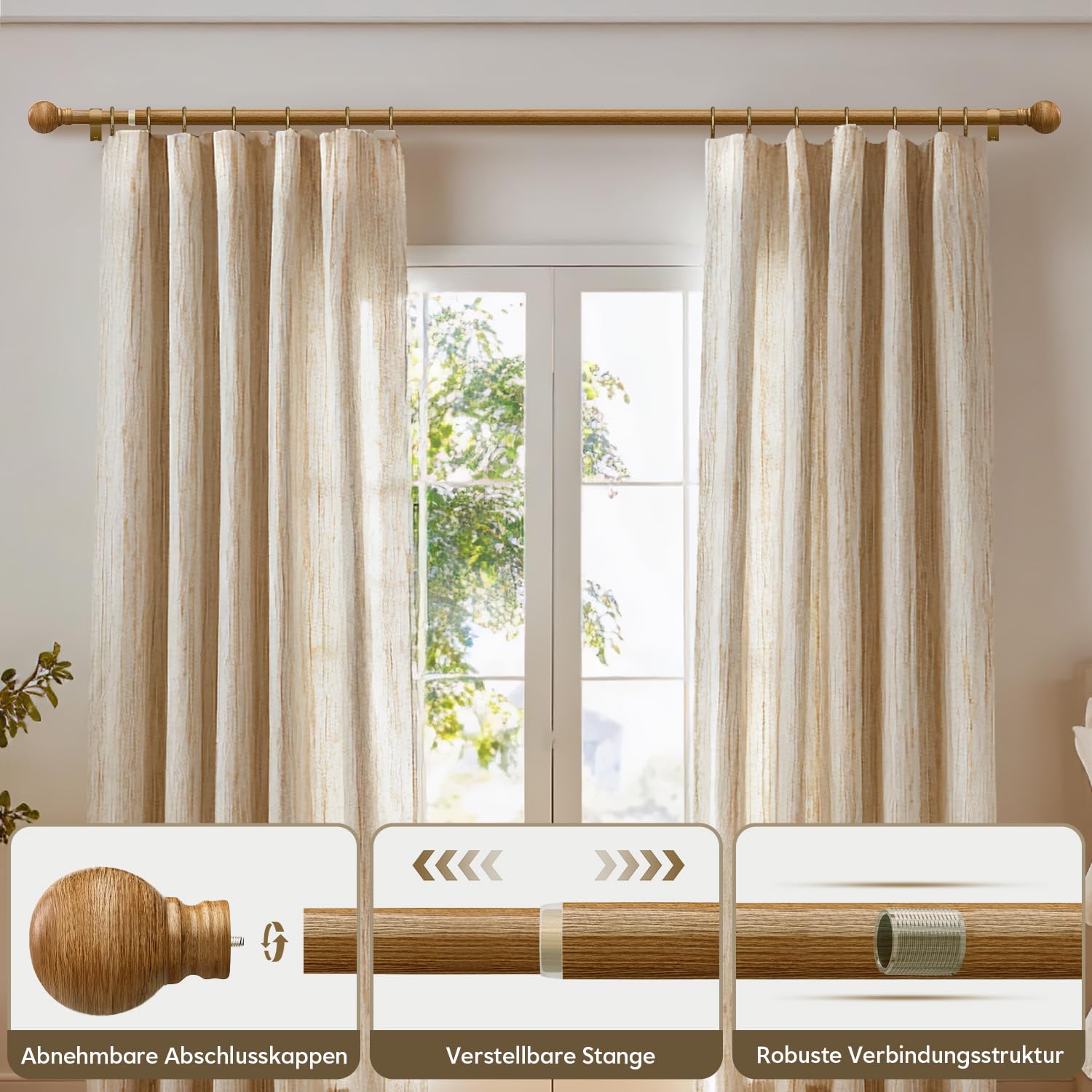 Bastone Tenda Estensibile Effetto Legno,Lunghezza 82-148 Cm, Stile Rustico,Montaggio A Parete,Diametro 25 Mm,Portanza 15 Kg, Non Si Piega,Adatta Per Interni Camera Da Letto e Salotto