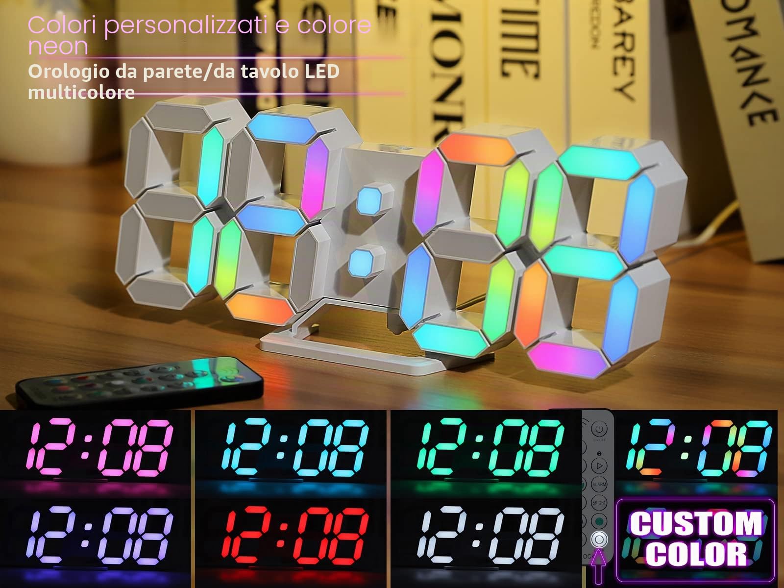 KOSUMOSU Orologio da parete al neon digitale 3D LED orologio da scrivania grande display RGB 24.7 cm sveglia estetica per camera da letto, soggiorno, colorato, luminosità regolabile, data/temperatura…