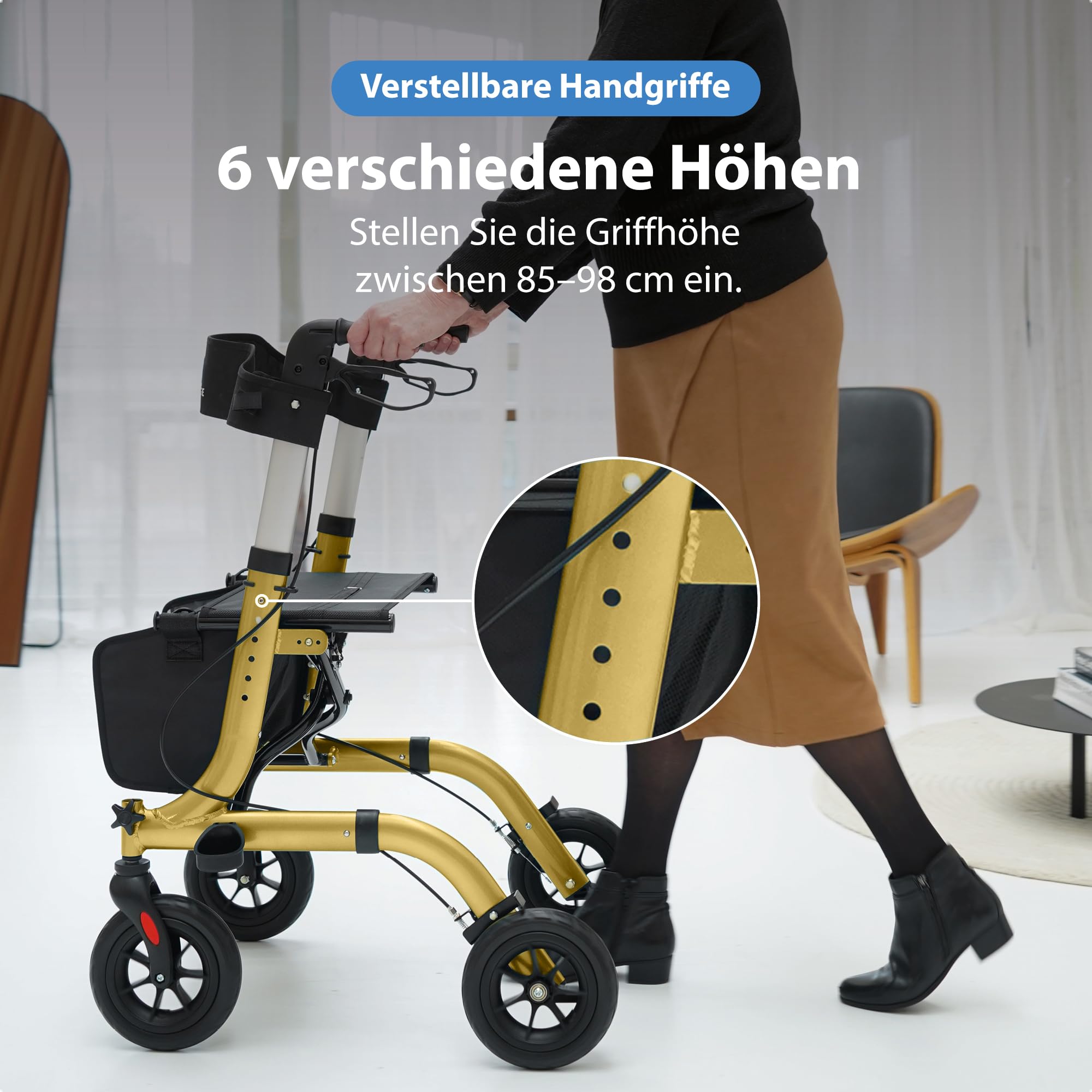 Safe Age Rollator faltbar und leicht mit Sitz - Gehhilfe für Senioren, Rollator für die Wohnung Indoor & Outdoor - mit Rückenlehne und Gehstockhalter