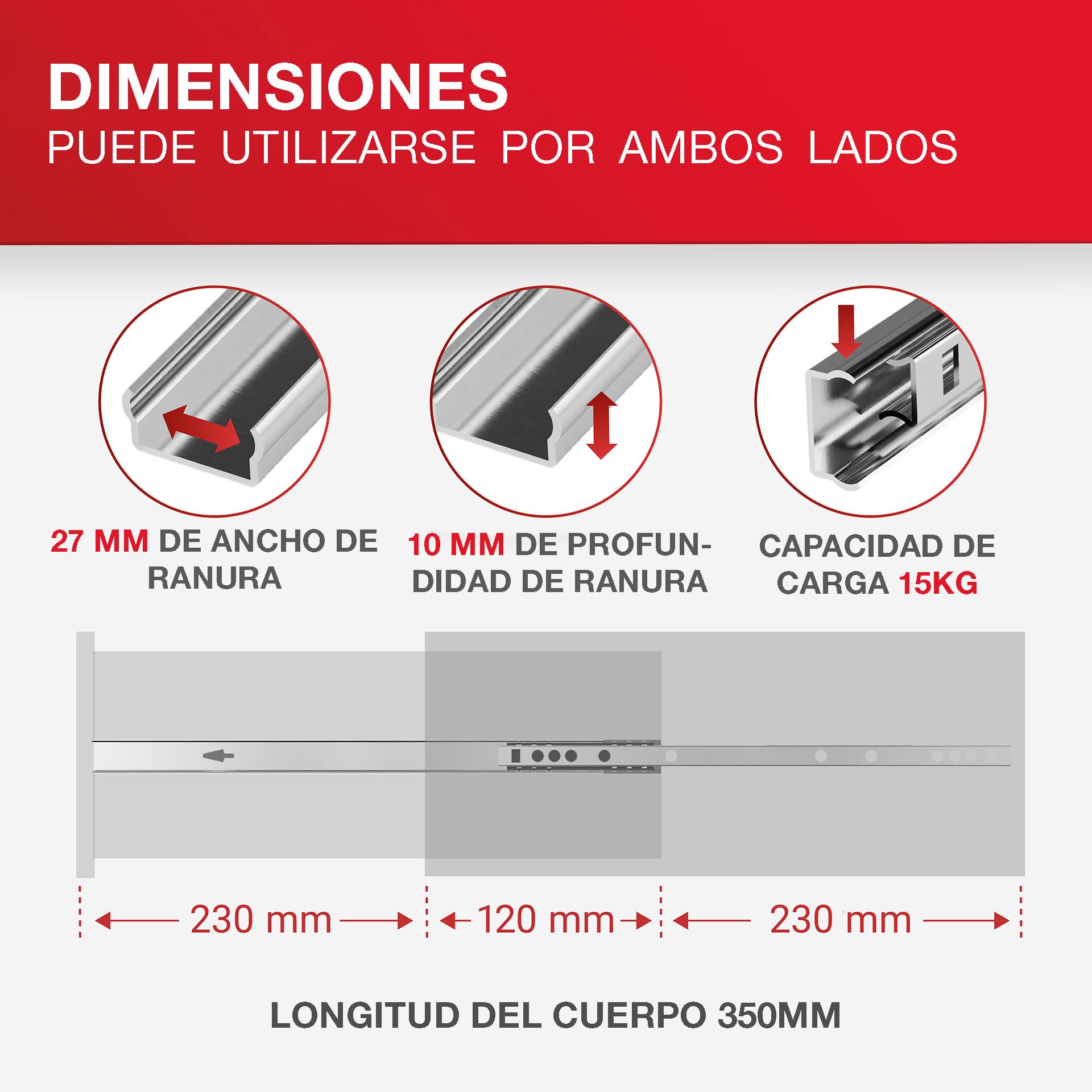 LouMaxx Juego de 4 rieles para cajones con ranura de 27 mm, rieles de mm, sistema de rieles para cajones con extracción parcial para ranura de 27 mm (L = 350 mm, 4, Unidad)