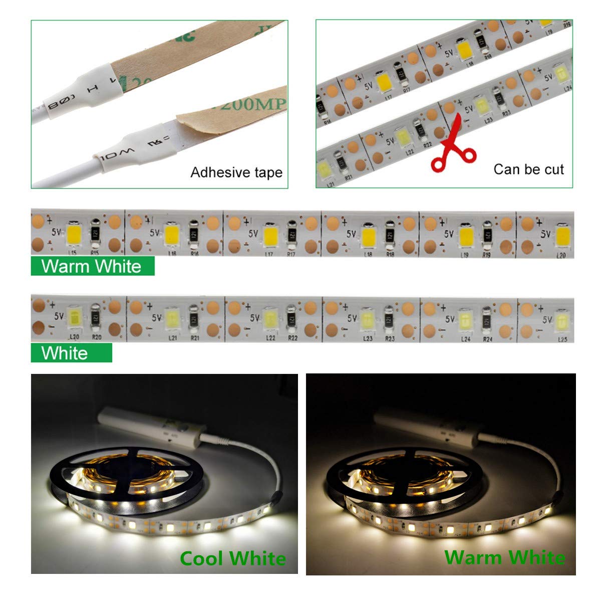 Tira de luces LED alimentada con pilas, sensor de movimiento, tiras de luz LED de luz nocturna inteligente activada por movimiento, tira de luz LED para habitación luz blanca fría, 5 m