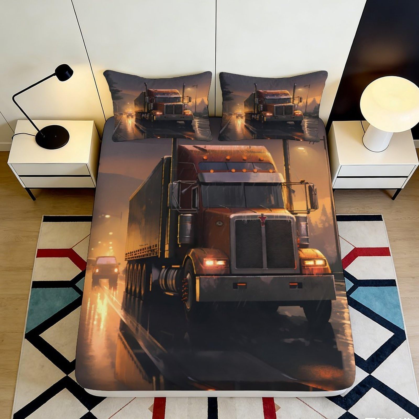 3D Printed Truck Pattern Fitted Sheet Microfiber Soft Durable 3D Printed Semi Trailer Bed Cover for Bedroom Dormitory Mattress Protection 140x200x25cm