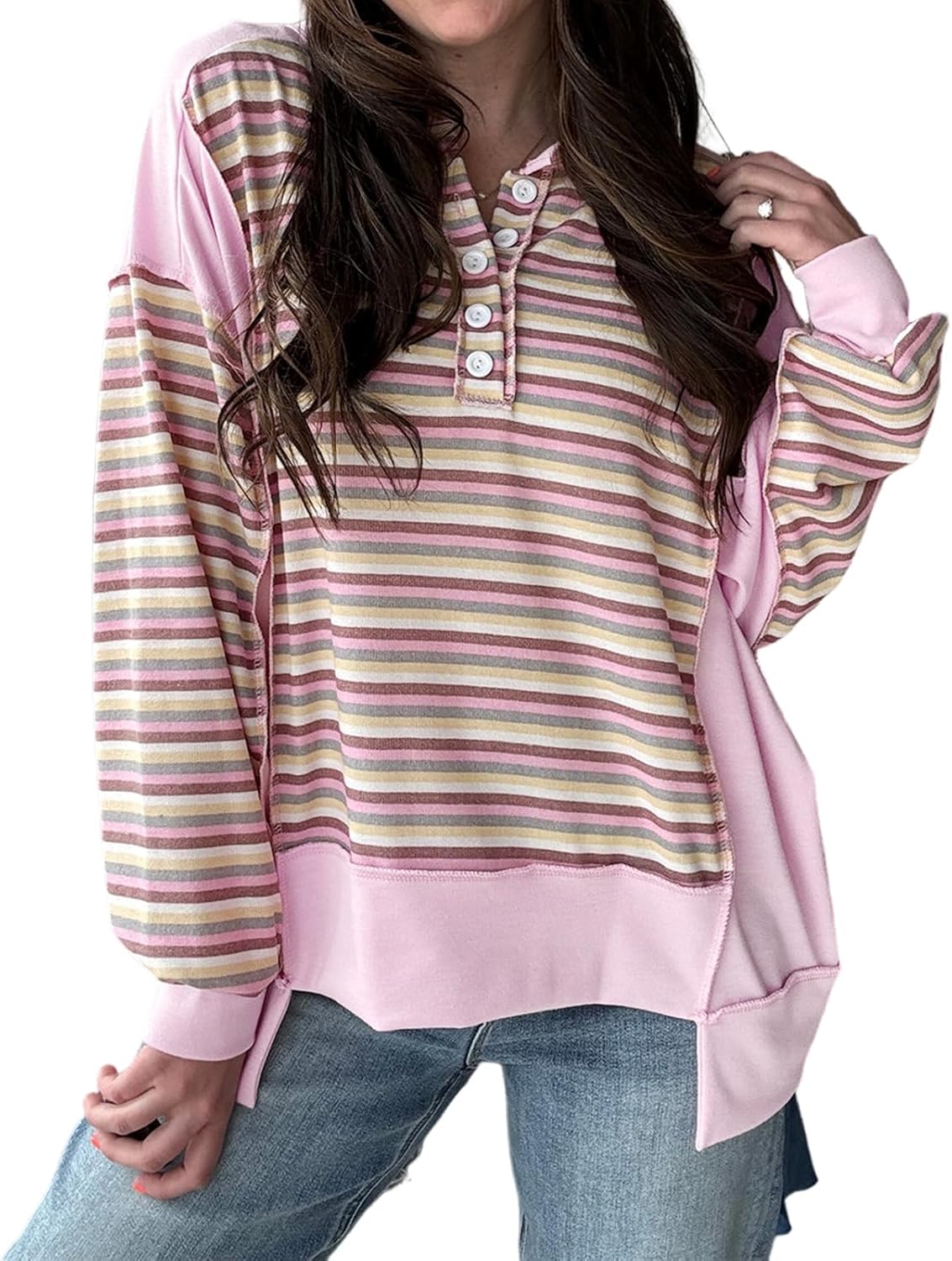 Striped Leopard Sweatshirt for Women Color Block Patchwork Drop Shoulder Side Slit Pullover Shirt Tops