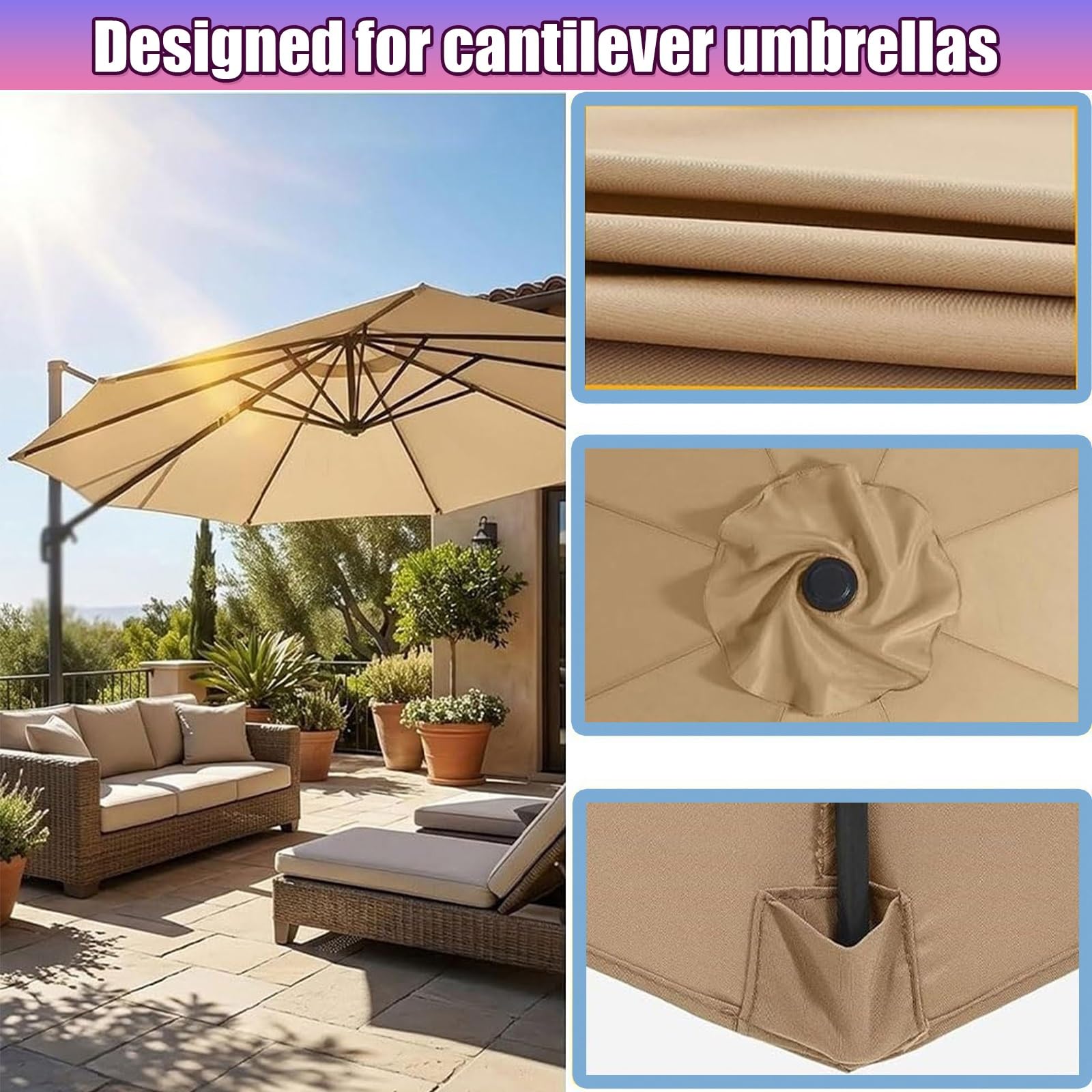Toile de Parasol Déporté 3/3.5 m 8 Baleines, Housse de Rechange pour Parasol, Anti-UV Toile pour Jardin Terrasse(Beige,350cm(11.5ft))