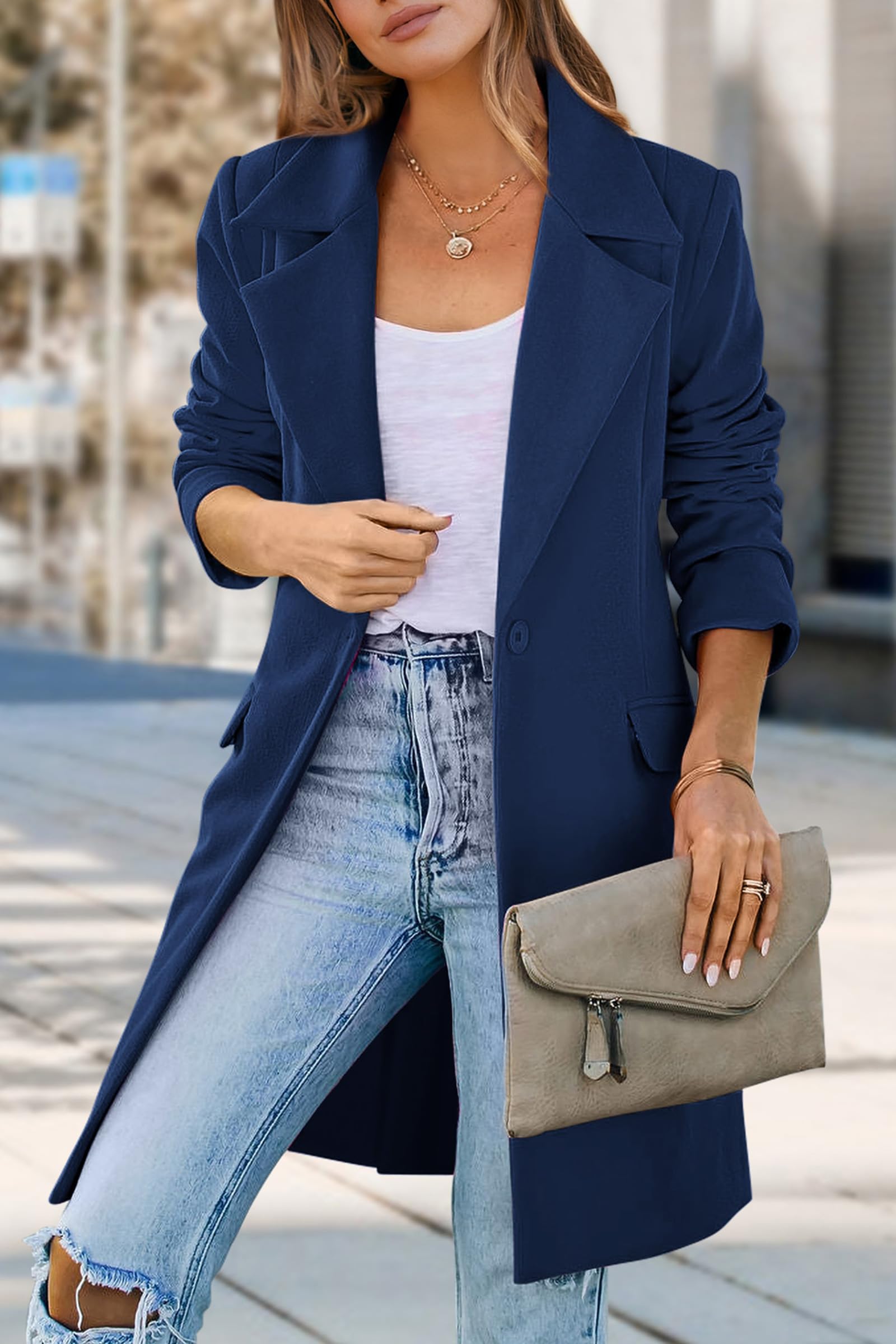PRETTYGARDEN Women's Business Casual Long Blazer Jackets(Navy,S) view 3