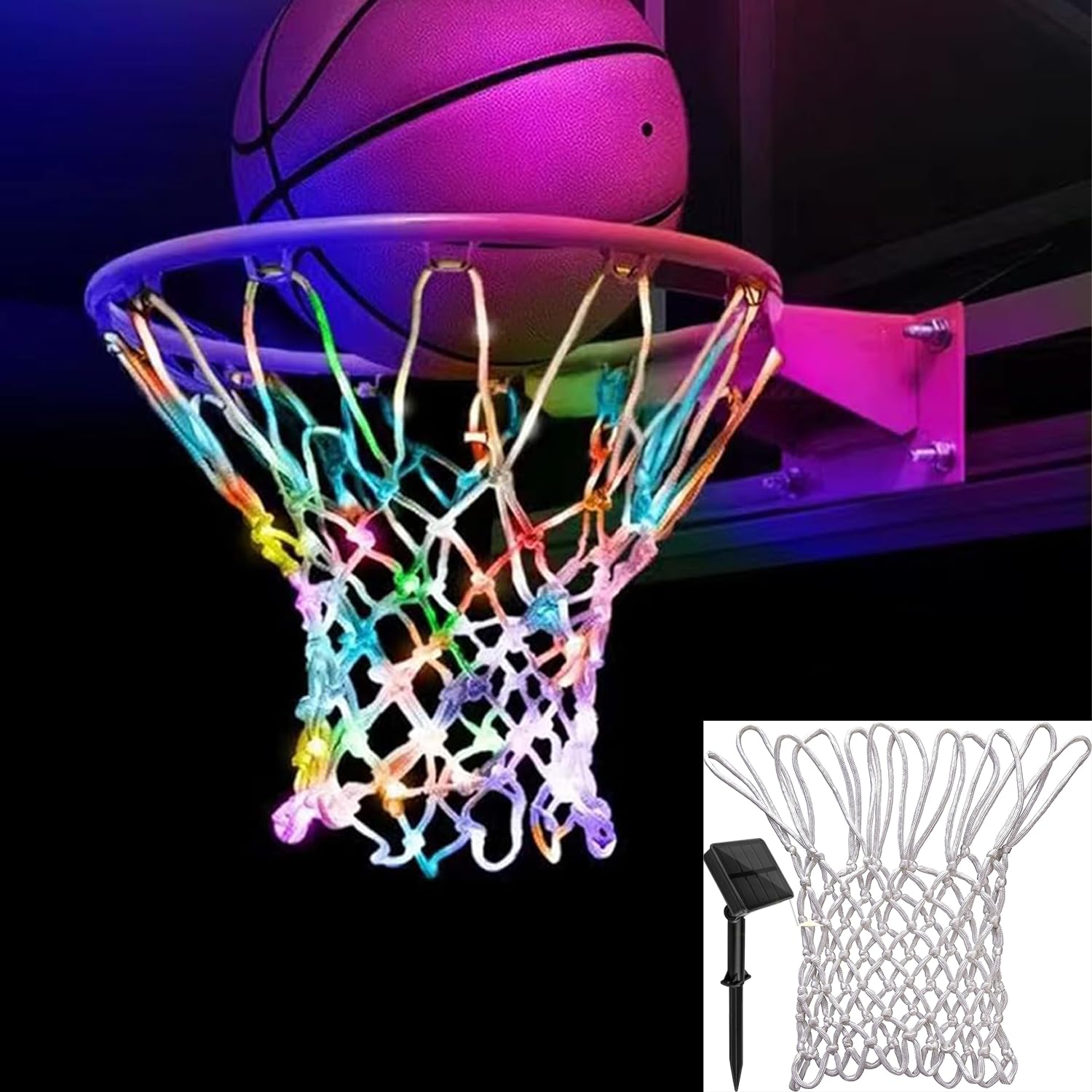 Lighted Basketball Net - Solar Powered LED Glow in The Dark Hoop Net with 8 Light Modes, 12 Loops Rim, Heavy Duty & No Battery Needed for Outdoor