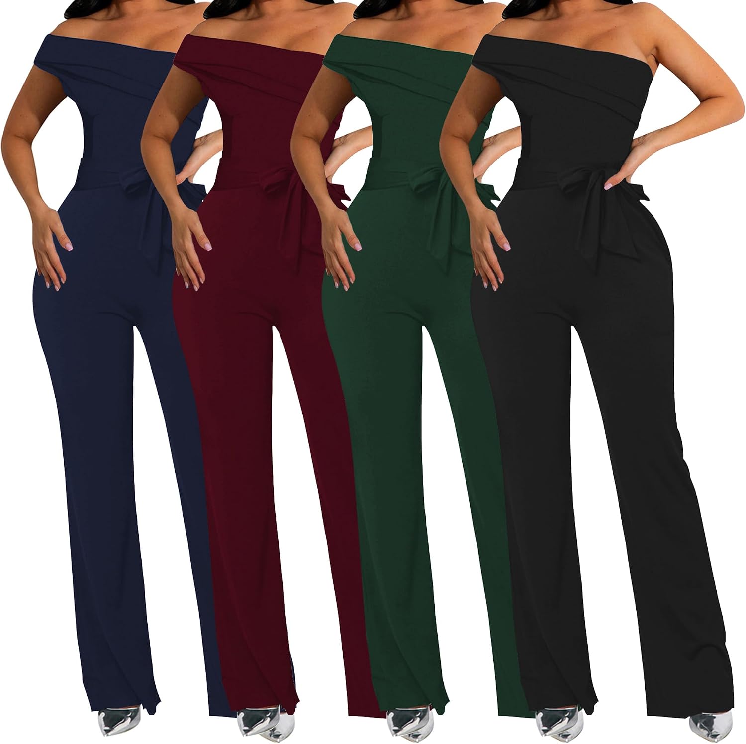 Women's Summer Jumpsuits One Shoulder Ruffle Wide Leg One Piece Outfit Casual Dressy Rompers with Belt