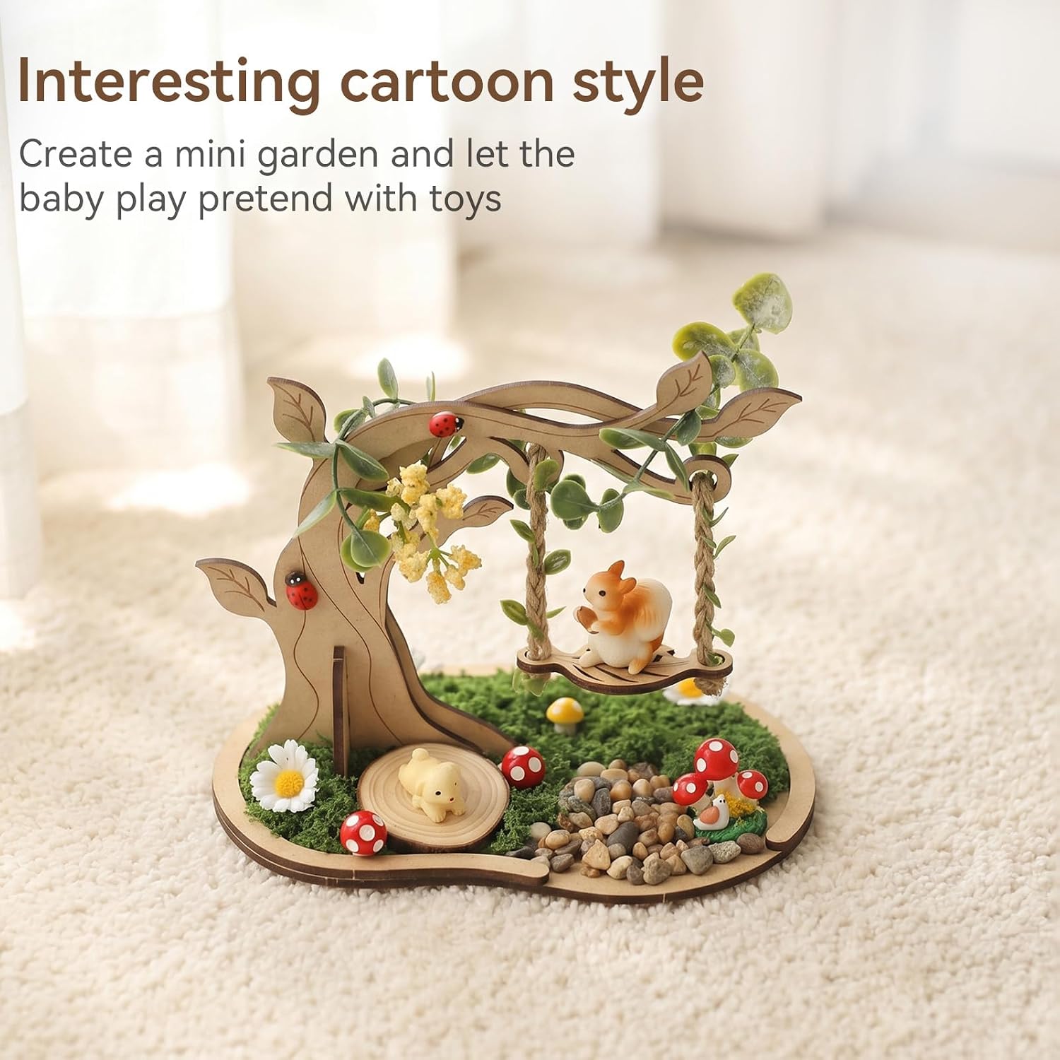 Wooden Mini Fairy Garden Tree Swing Diorama Kit - DIY Tabletop Ornament