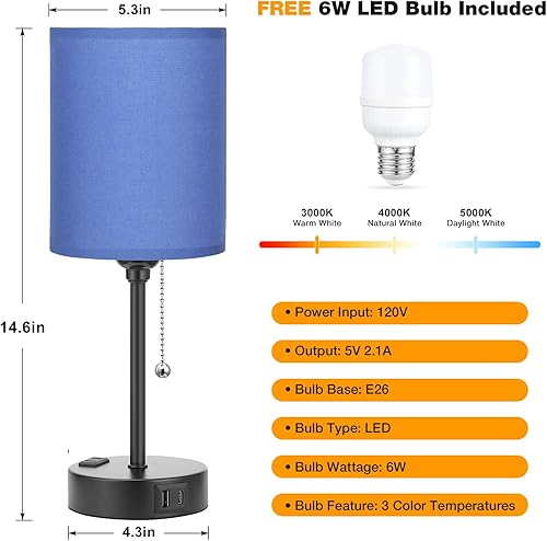 Miniatura 82 de Lámparas de noche pequeñas, 3 modos de color, blanco roto 3000K 4000K 5000K Lámparas de dormitorio con puertos USB C y A, lámparas de mesa de cadena