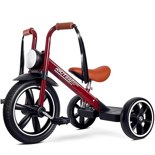 Toddler Tricycle for 2 to 5 Years, Trike for 3 Years with Front Light, 12 Inch Rubber Front Wheel, Soft Handlebar with Tassels, Adjustable Seat, Gift for Boys and Girls, Red
