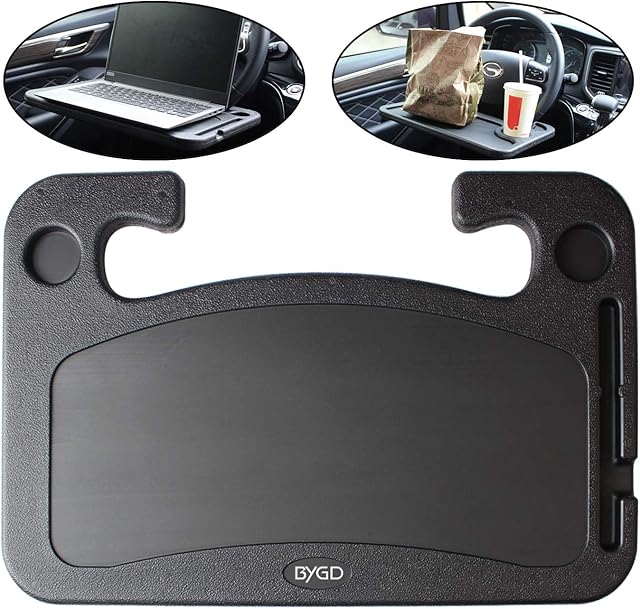 BYGD Car Steering Wheel Desk, 2 in 1 Multi-function Portable Auto Food Tray Table for Laptop, Notebook Travel Working Dining Table Holder Food Snack Lunch Drinking