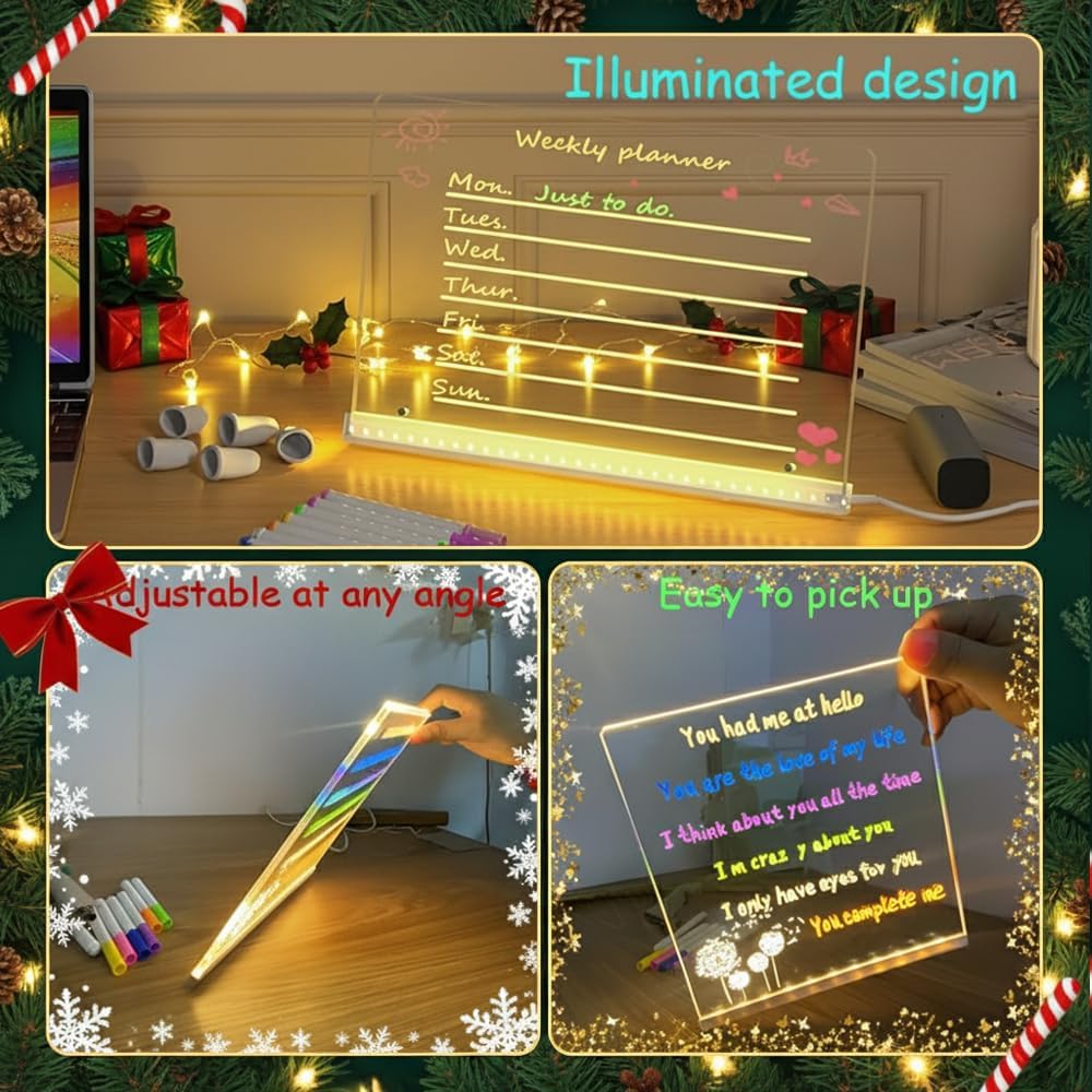 LED Note Board with Colors, Lighted Acrylic Dry Erase Board, Acrylic Message Board, Illuminated Note Board with Colors Notepad with Adjustable Stand and 7 Pens (11.8 × 7.9”)