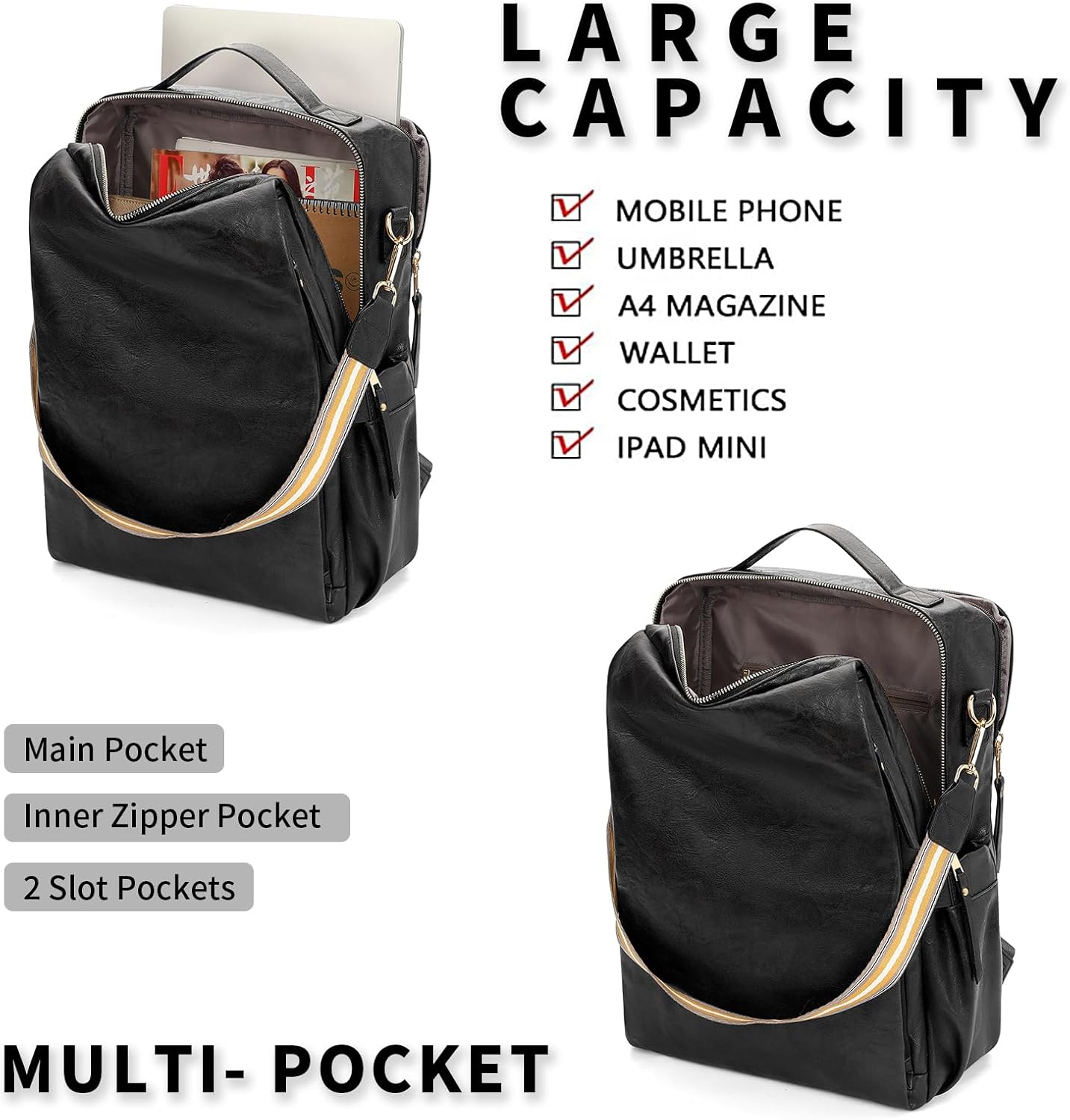 GAEKEAO Backpack Purse for Women 15.6 inch Laptop Backpack PU Leather Convertible Travel Backpacks Fashion Designer Handbag Ladies Shoulder Bags Black - Image 3