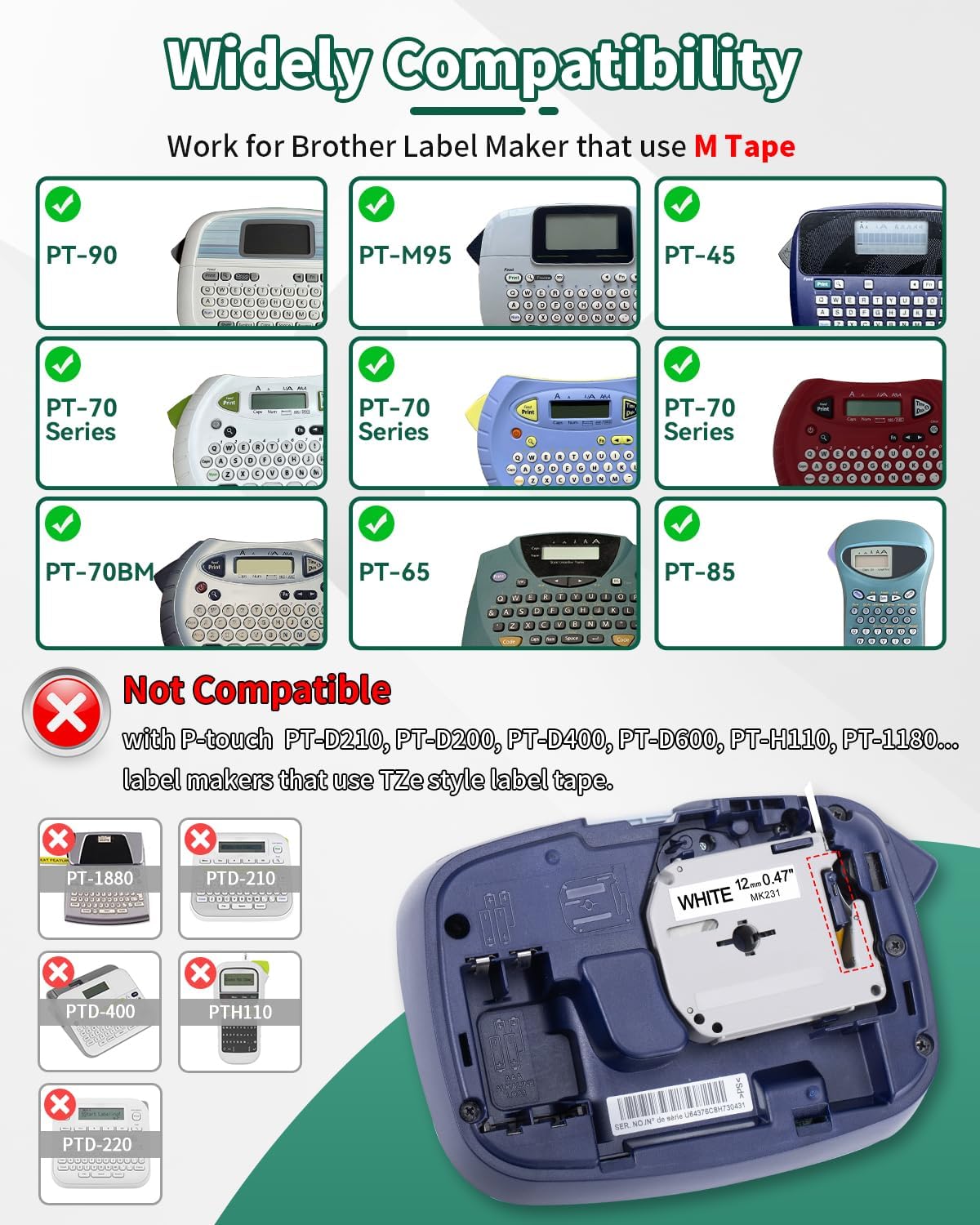 Anycolor 10-Pack Replacement for Brother P Touch M Tape M-K231 Label Tape M-231 M231 MK231 M-K231s Tape 12mm 0.47 White, for PT-M95 PT-90 PT-70BM PT-65 Label Maker, Black on White