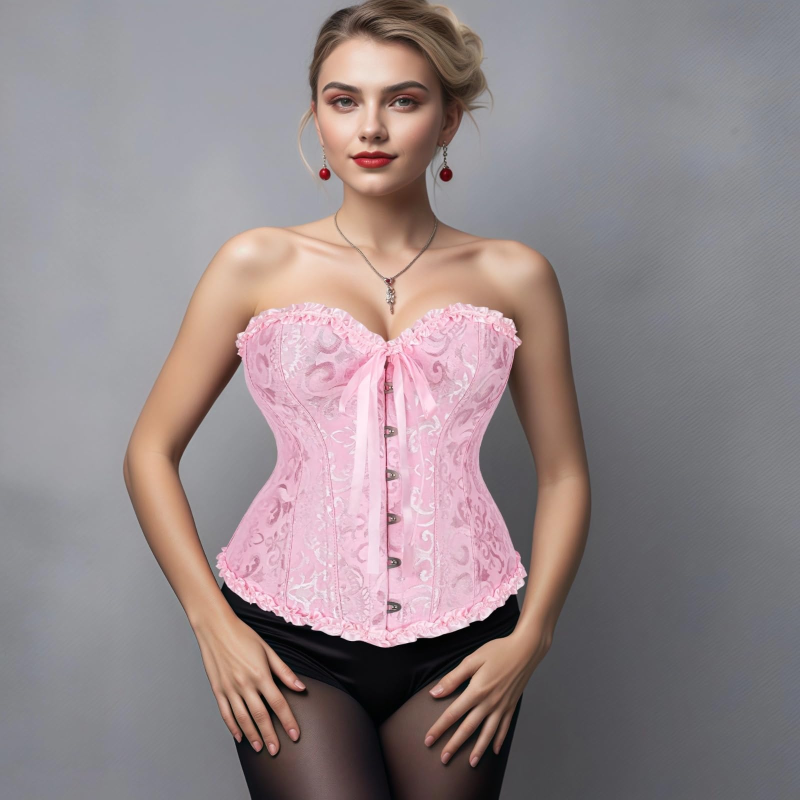Corsetto rosa 4XL per le donne, elegante bustier con bordo in pizzo con chiusura frontale