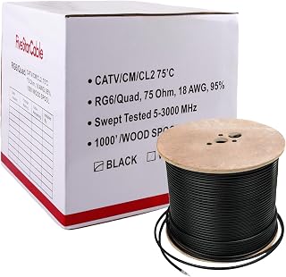 Five Star RG6 Quad Shield Coaxial Cable, 18AWG, 75 Ohm, 1000 ft Spool, ETL Listed, Black - Double Braid Shield, CCS Conductor, PVC Jacket for Broadcast, Satellite, and Cellular Applications