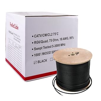 خمسة نجوم RG6 رباعية درع الكابل المحوري، 18 AWG، 75 أوم، 1000 ft بكرة، ETL المدرجة، أسود - مزدوجة جديلة الدرع، CCS موصل، سترة PVC للبث، الأقمار الصناعية، والتطبيقات الخلوية