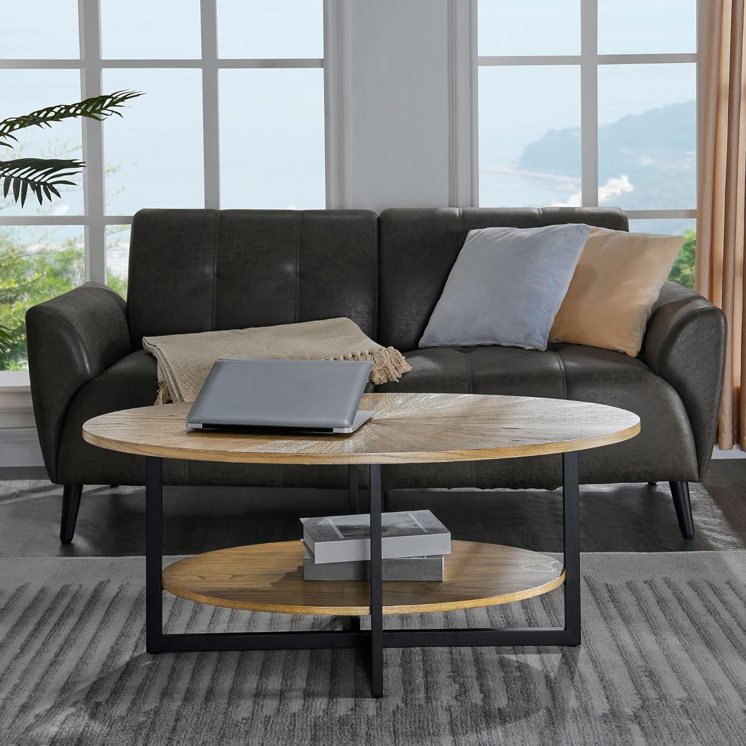 PADMA HOUSE Mesa de centro ovalada de madera maciza con patas de metal en cruz, 110 cm, moderna mesa de centro Industral con estante abierto, mesa de cóctel para salón, dormitorio (naturaleza rústica)