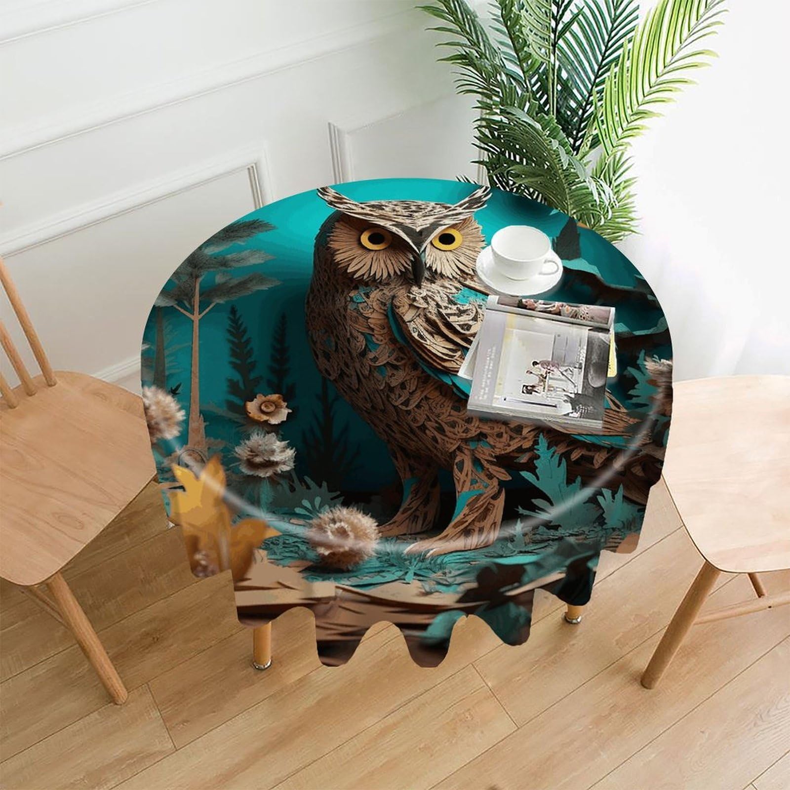 Owl Tablecloth Exquisite Wrinkle-Free Straight-Edge Round Table Cloth Anti-Fading Premium Polyester Tablecloth Waterproof Folding Table Cloths for Tables Decor