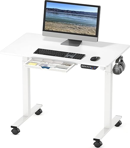 SHW Electric Height Adjustable Mobile Standing Desk Workstation with Storage Drawer 40 x 24 Inches White