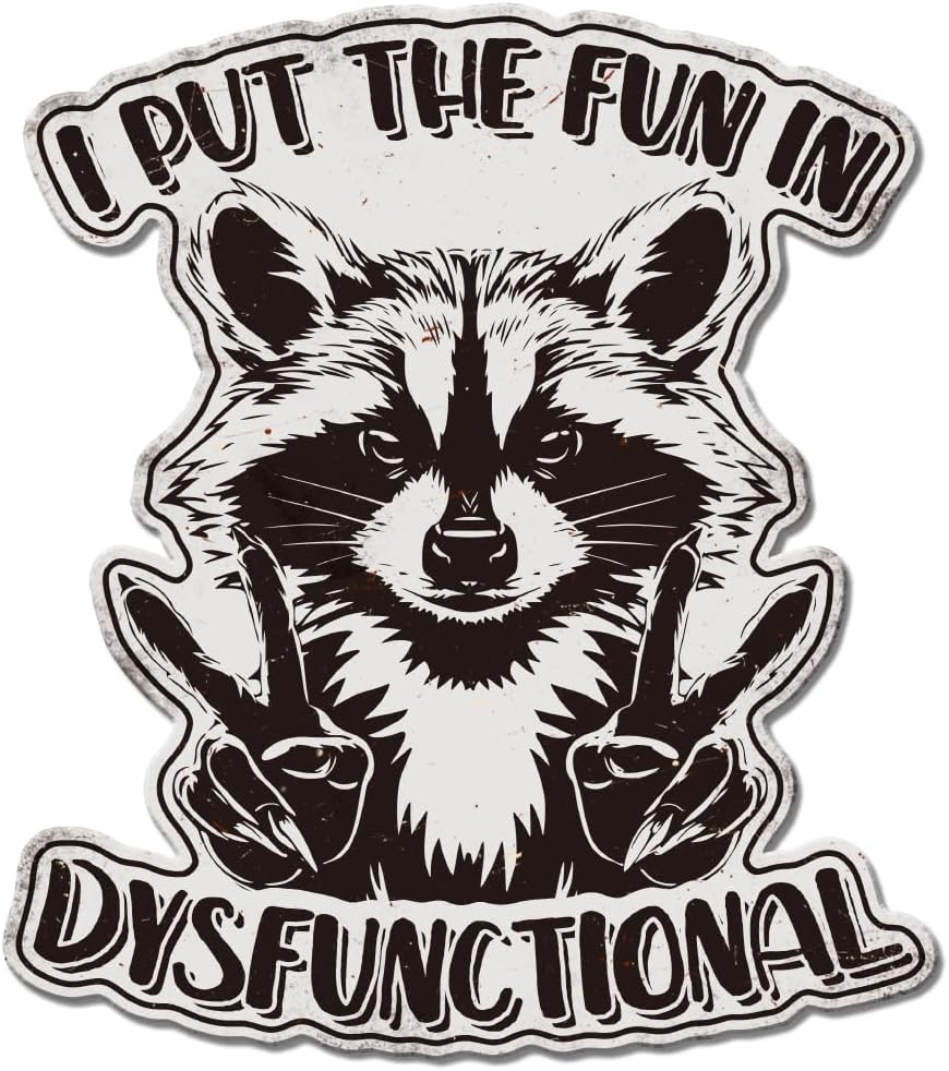 GLOBLELAND Funny Raccoon Metal Tin Sign "I PUT THE fUN IN DYSfUNCTIONAL" Vintage Tin Signs Black White Raccoon Wall Metal Decor Sign for Pet lovers Home Office Bedroom Bar Garage Man Cave Living Room