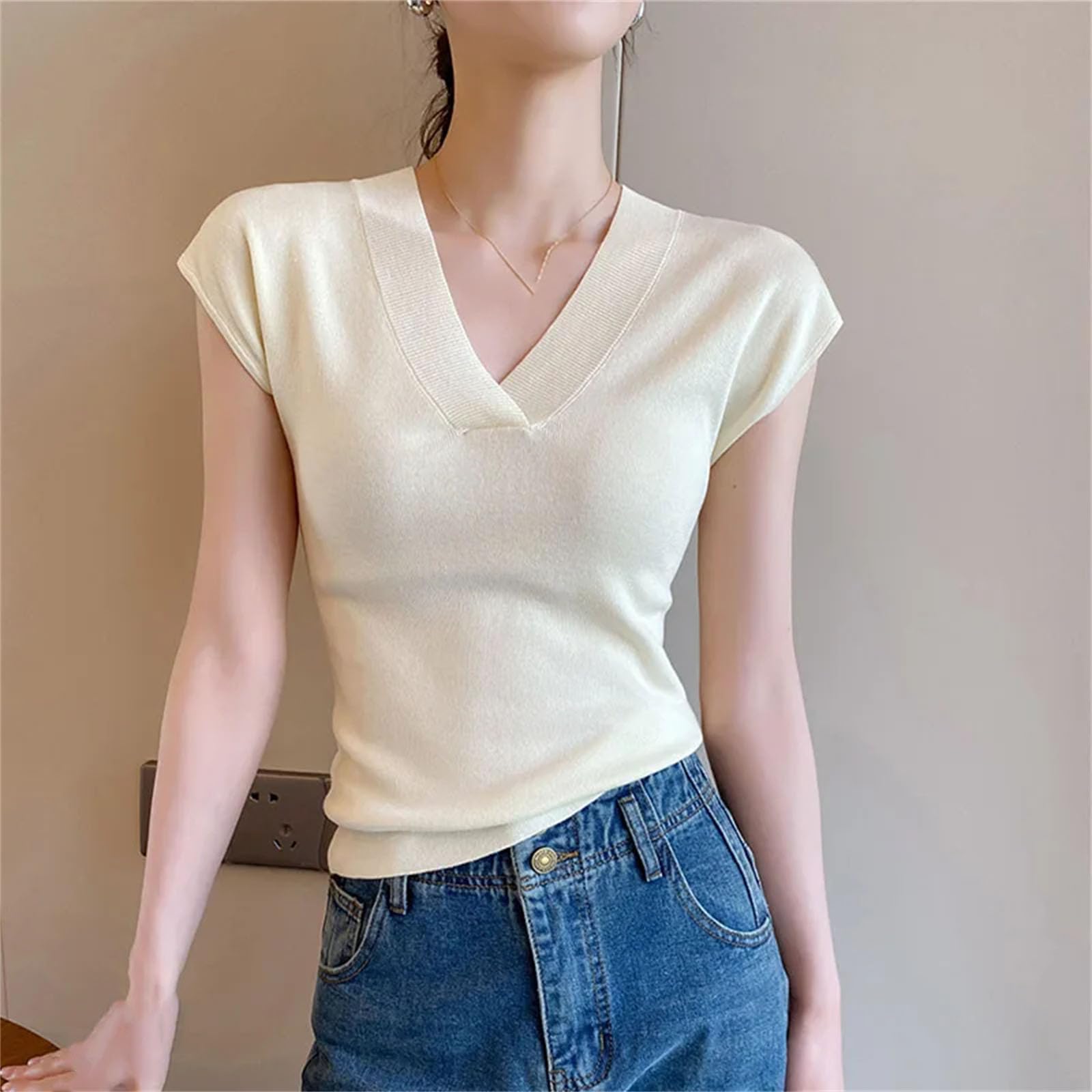 Top da donna con scollo a V, tinta unita, sottile, senza maniche, morbido, elastico, da ufficio