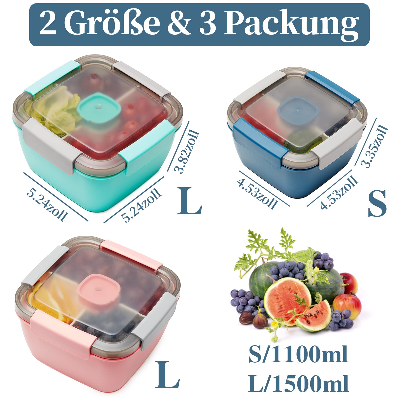 Bento Box - Contenitore per il pranzo, a prova di perdite, con 3 scomparti, per bambini, adulti, per microonde e lavastoviglie, 1500 ml / 1100 ml