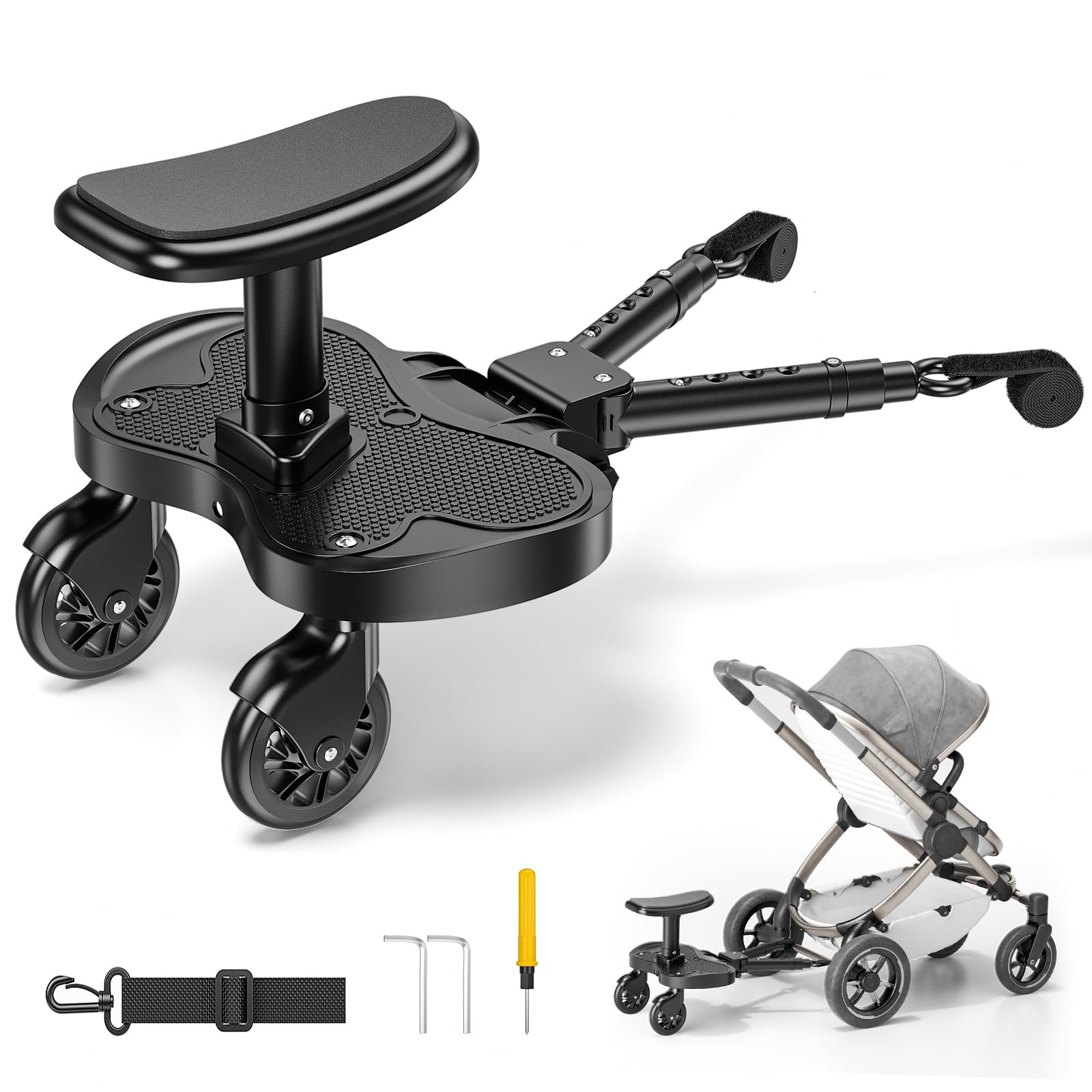 ENERHUB Buggy Board, Universal Buggy Board with Extended Comfort Seat, Kiddy Boards with Increased Length Fit 99% Prams, Universal Prams Accessories for Children from 2-6 Years (25 kg)