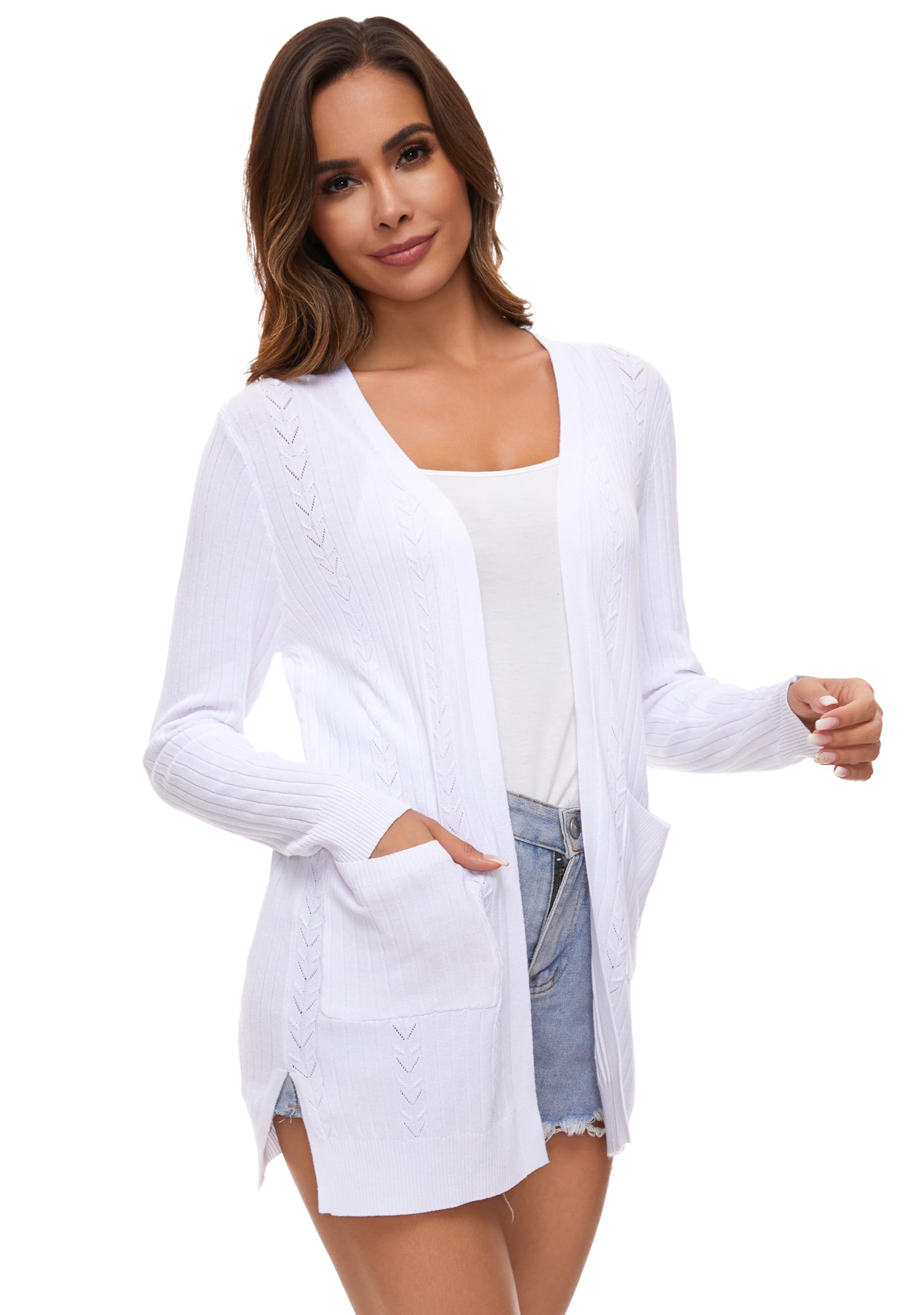 Gilet Long Femme Elegant Coton à Manches Longues Veste Tricot Léger Ouverte Devant été Cardigan