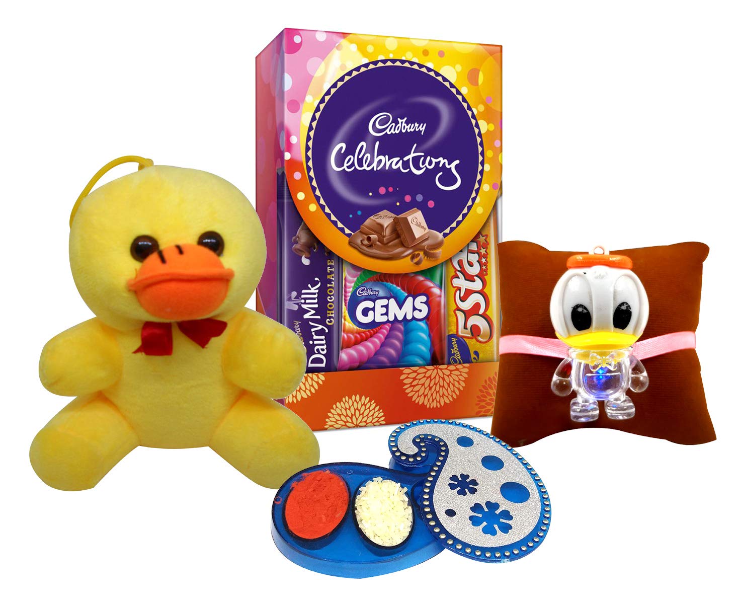 Natali Traders Rakhi for Brother Kid with Soft Toy - Duck Lighting Rakhi with Chocolate Pack & Roli Chawal Chopra - Handmade Rakhi for Kids