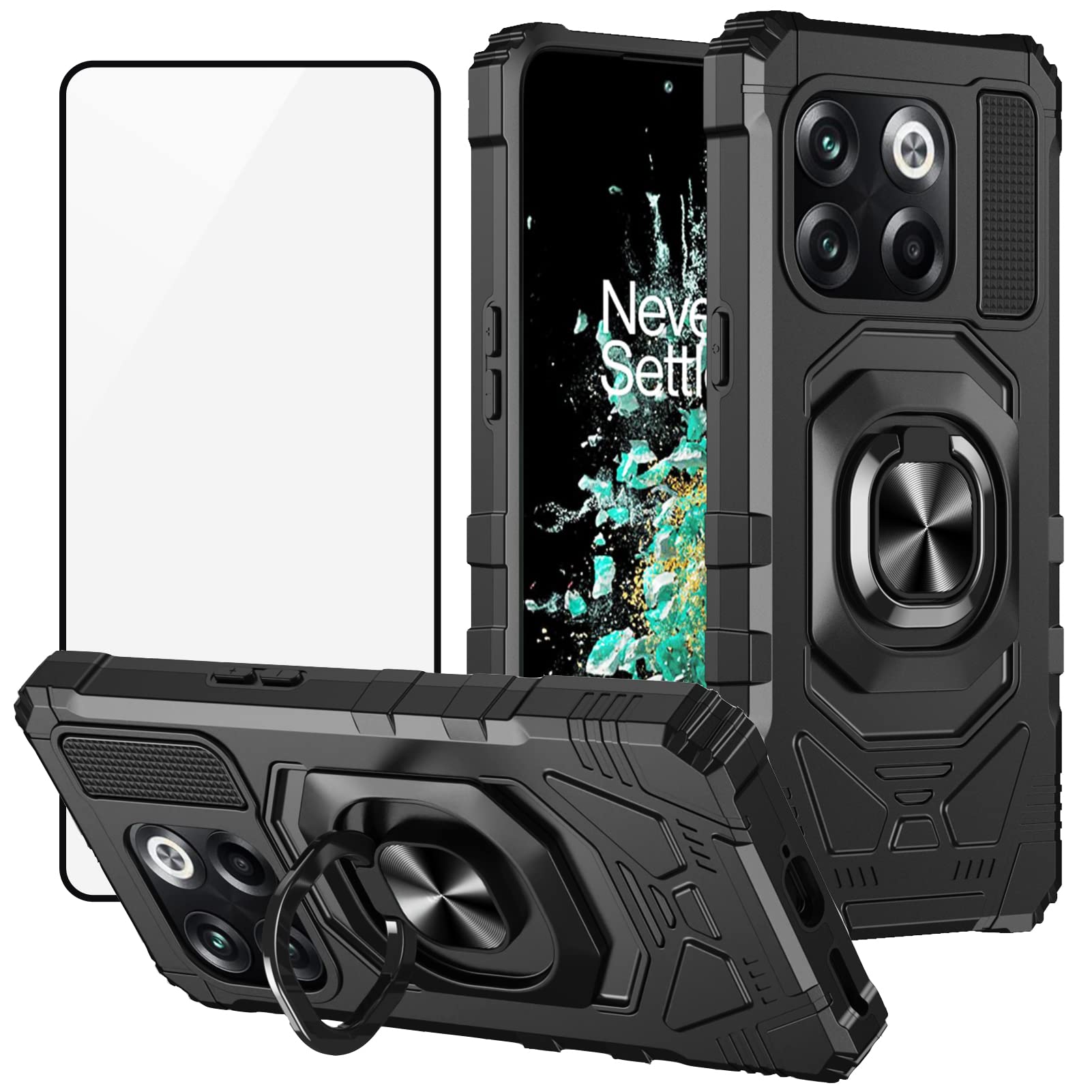 Ailiber Case for OnePlus 10T 5G with Tempered Glass Screen Protector, Ring Kickstand for Magnetic Car Mount, Heavy Duty Shockproof Protective Hard