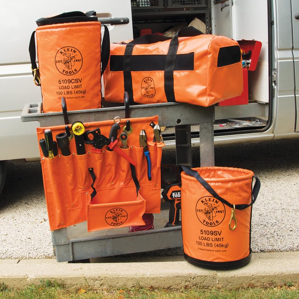Klein Tools 5109CSV - Cubo de herramientas, cubo de vinilo de cierre superior con broche giratorio y mango de red, naranja, 30 cm, soporte de herramientas de carga nominal de 45 kg