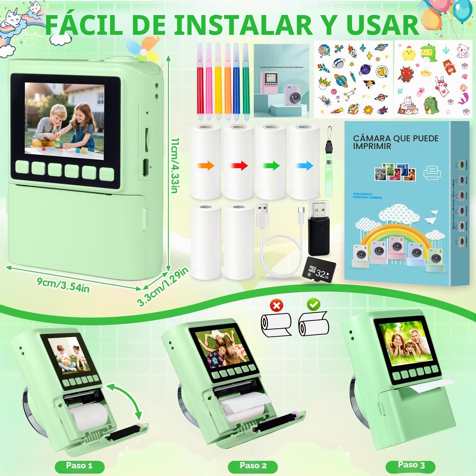 Camara Fotos Infantil Instantanea,1080P Camara Fotos Infantil,2,4 Pulgada con Tarjeta de 32GB y Papel Fotografia,Juguete Cámara Instantánea Regalos para Niños y Niñas de 3-12 Años