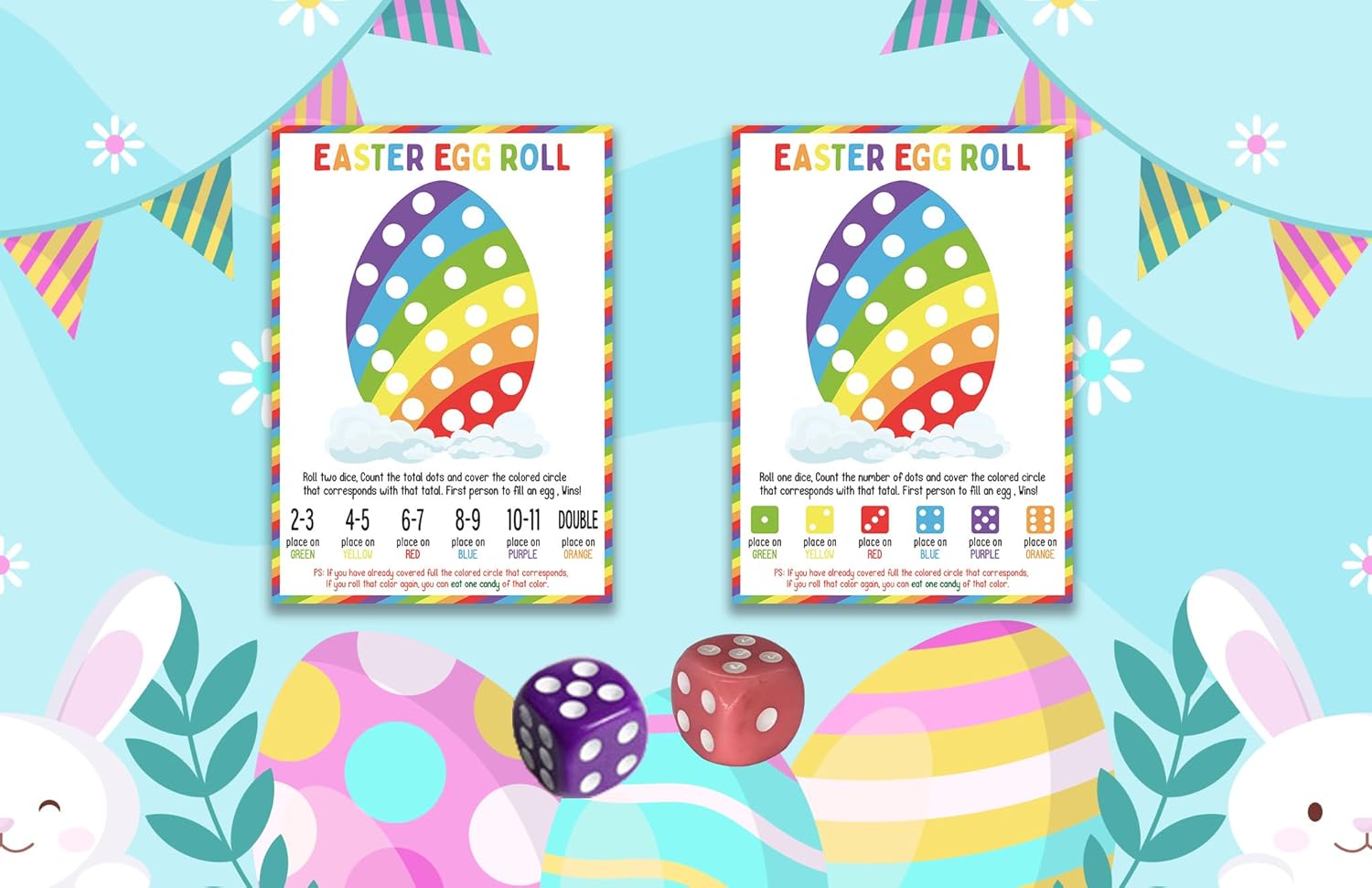 BEUFSE Easter Egg Roll Dice Game, Roll The Egg Game with Two Dices for Easter, Easter Roll The Dice Game, Easter Party Game Supplies, Fun Easter Games for Family -STPD04