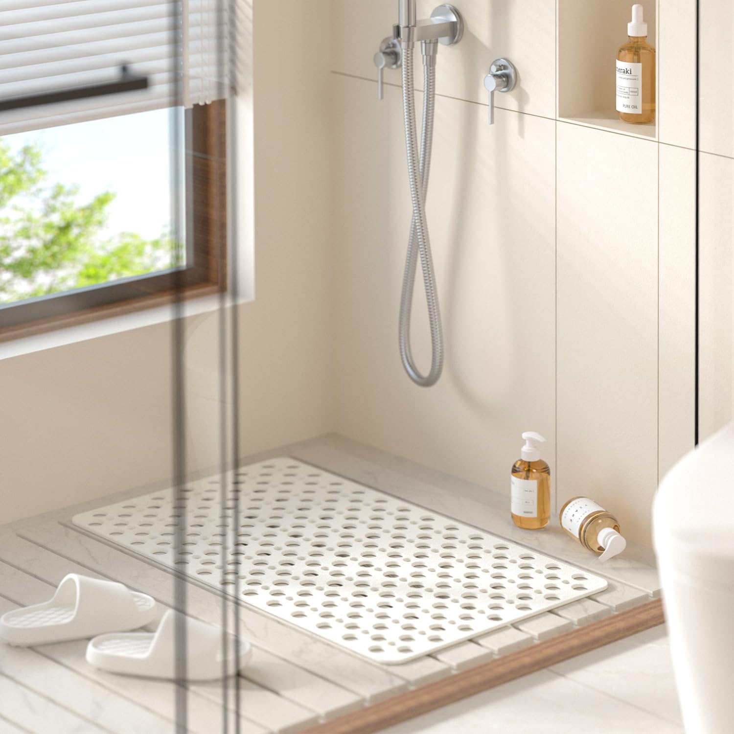 HITSLAM Tapis de Baignoire Antidérapant, 70 x 38 cm Tapis de Douche sans BPA, Résistant aux Moisissures & Lavable en Machine Tapis de Bain Antidérapant, Drainage Efficace et Facile à Nettoyer, Blanc