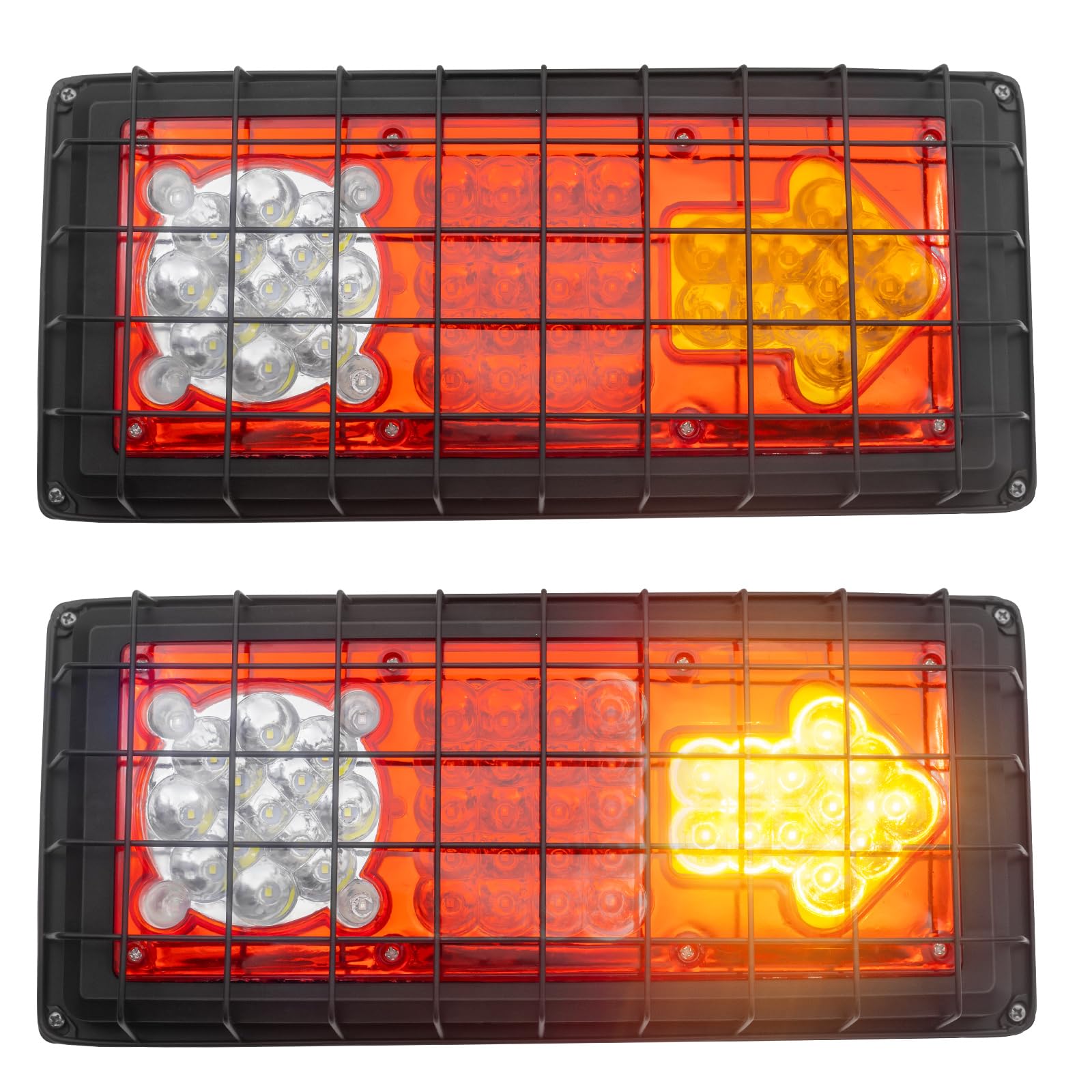 2PCS LED Feux Remorque 12V 24V,Feu de Arrière Stop étanche avec Frein/Indicateur/Position/Marche arrière/Brouillard pour Camping-Car Camion Poids Lourd Tracteur(avec Filet de Fer)